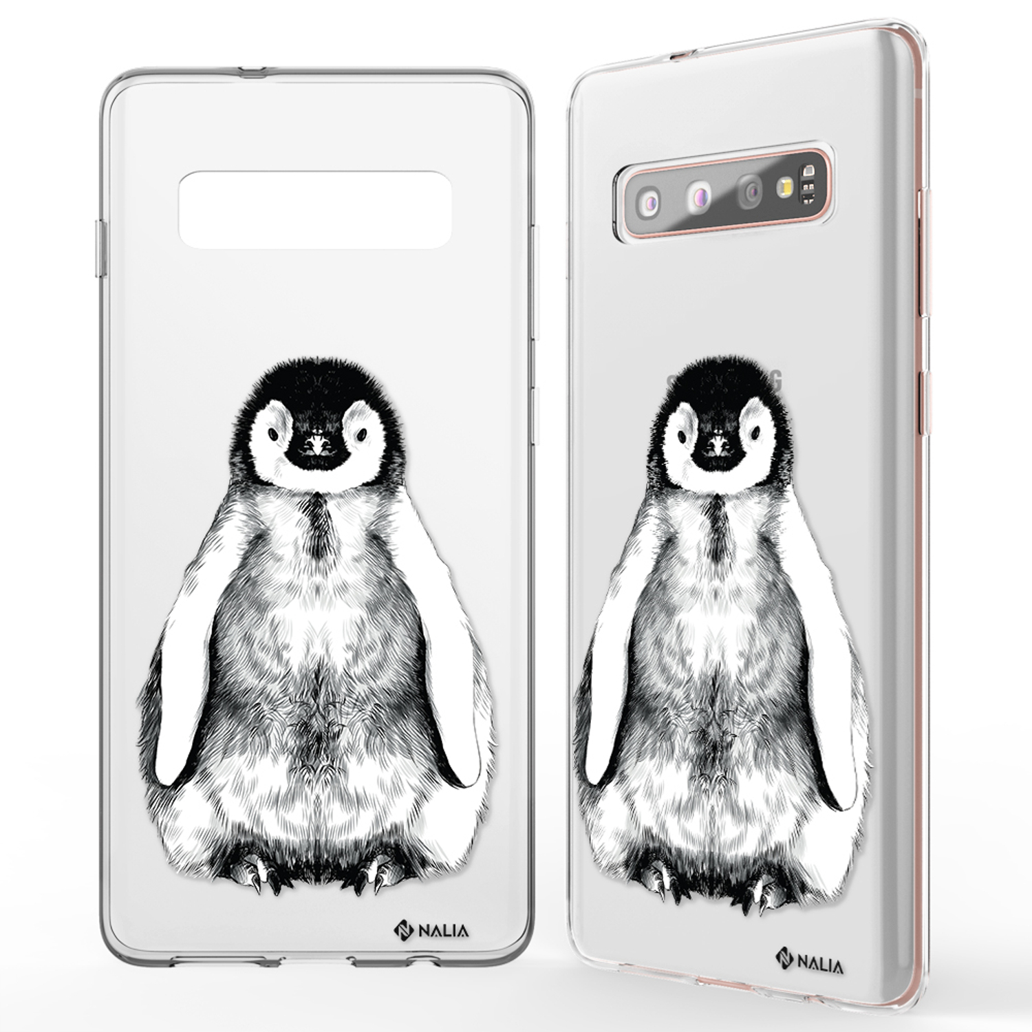Handyhüllen mit Pinguinzeichnungen und ein Telefon.
