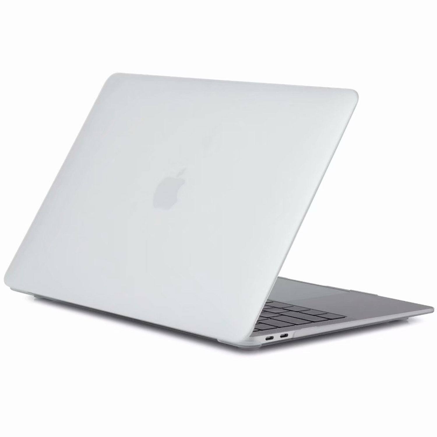 Weißer Laptop auf weißem Hintergrund. Apple-Logo ist auf dem Deckel sichtbar.