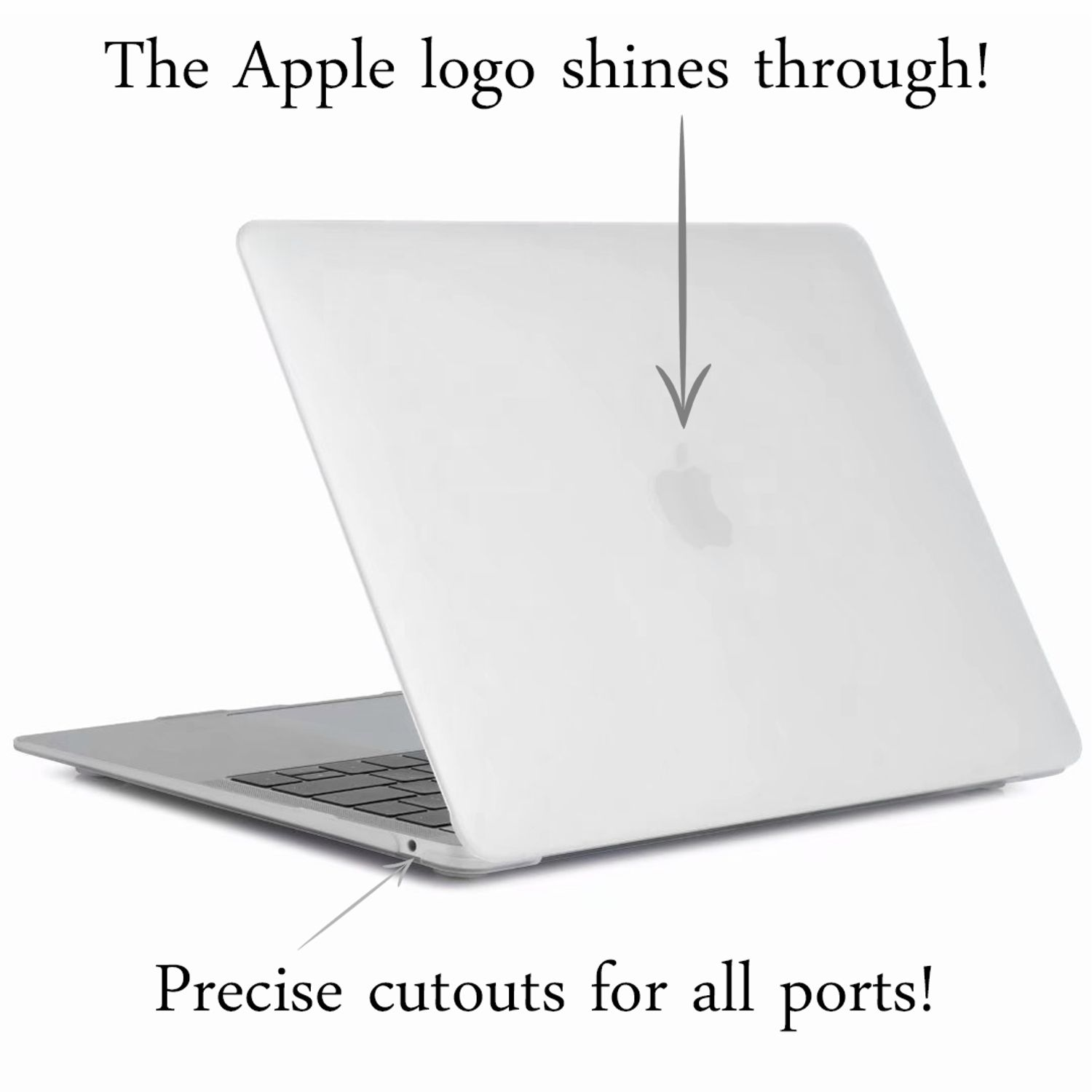 Laptop mit klarer Hülle, zeigt das Apple-Logo und Aussparungen für Anschlüsse.