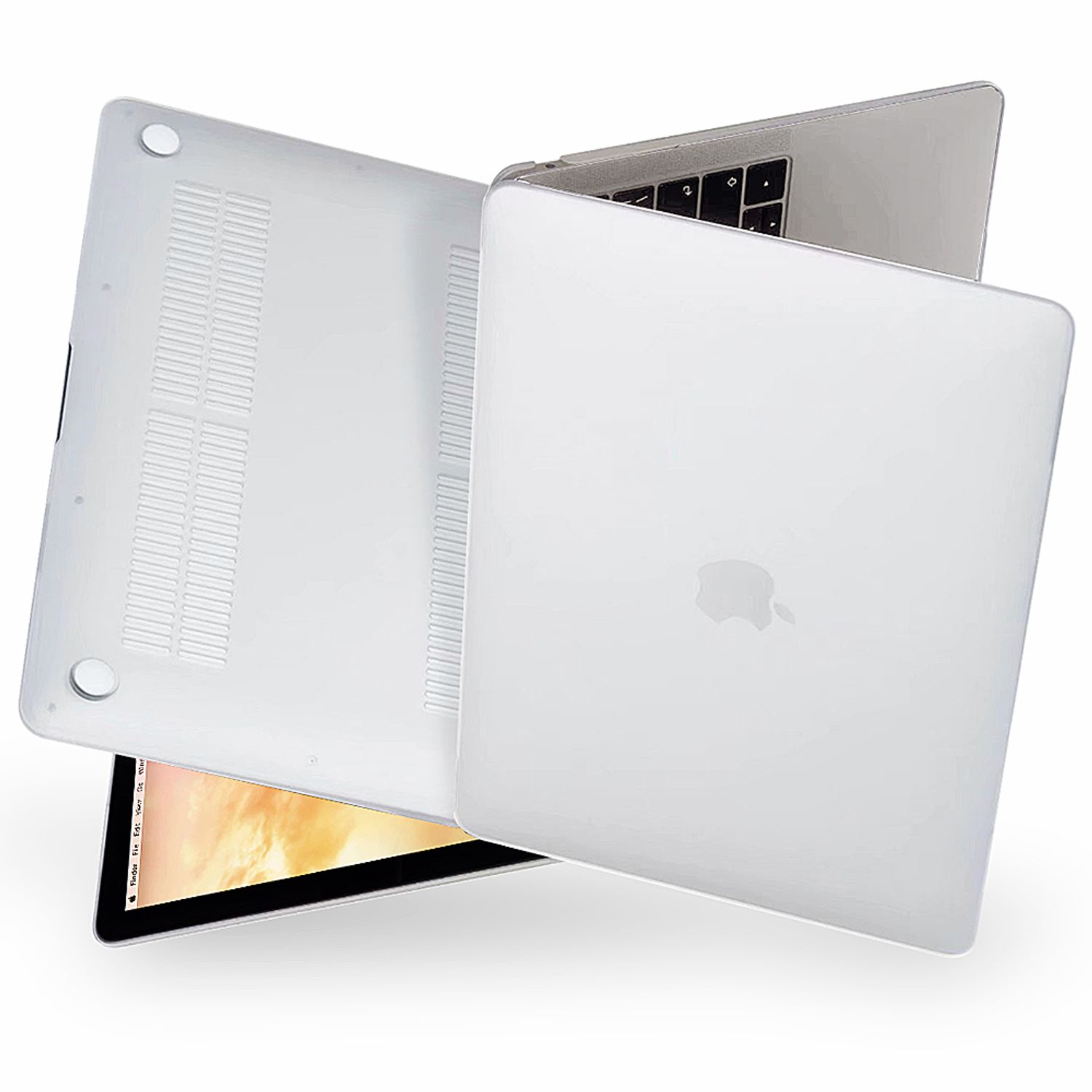 Weißer Laptop und zwei transparente Schutzhüllen. Eine ist auf dem Laptop platziert.