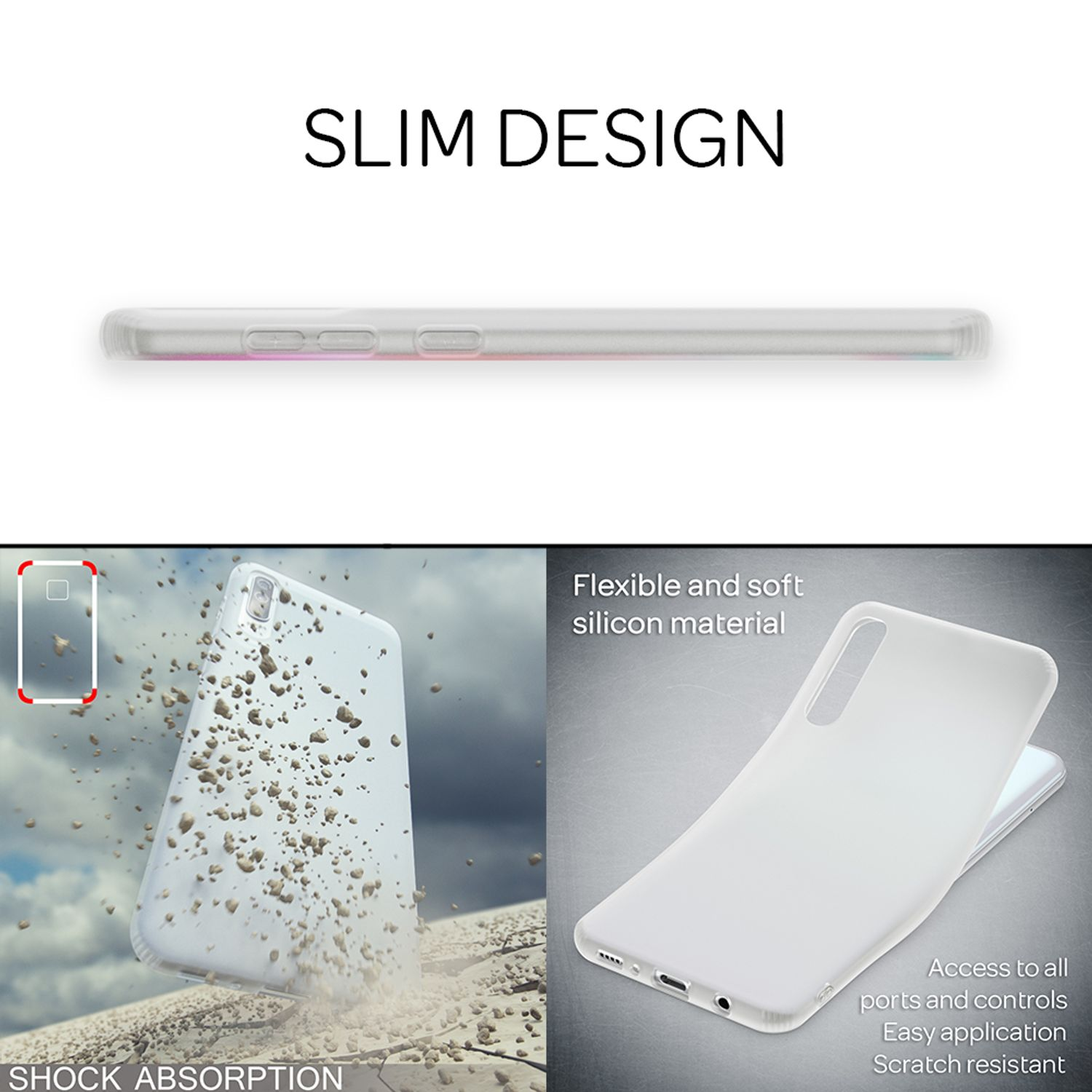 Bilder, die den Telefonschutz zeigen: schlankes Design, Stoßdämpfung und flexibles Silikon.