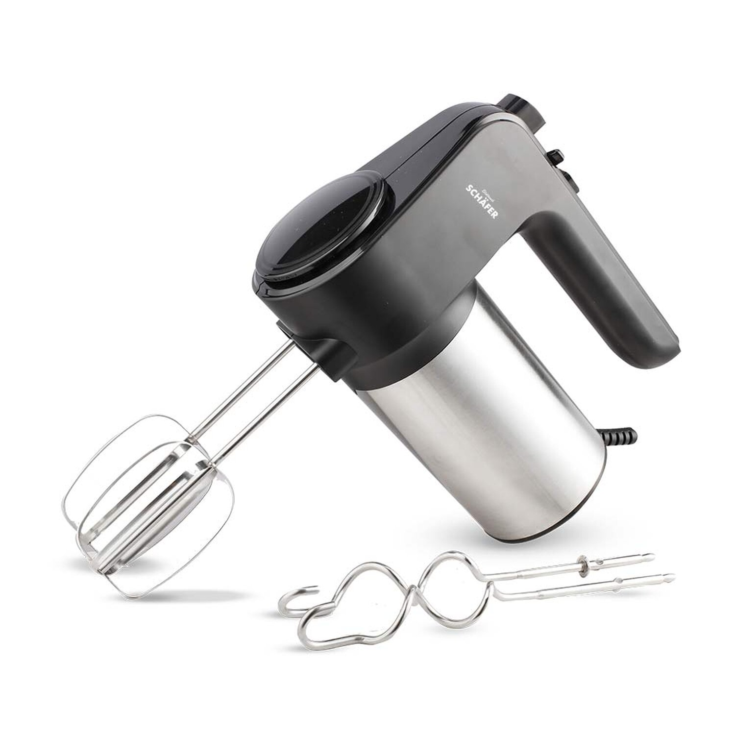 Ein schwarzer und silberner elektrischer Handmixer mit seinen Rührbesen und Knethaken.
