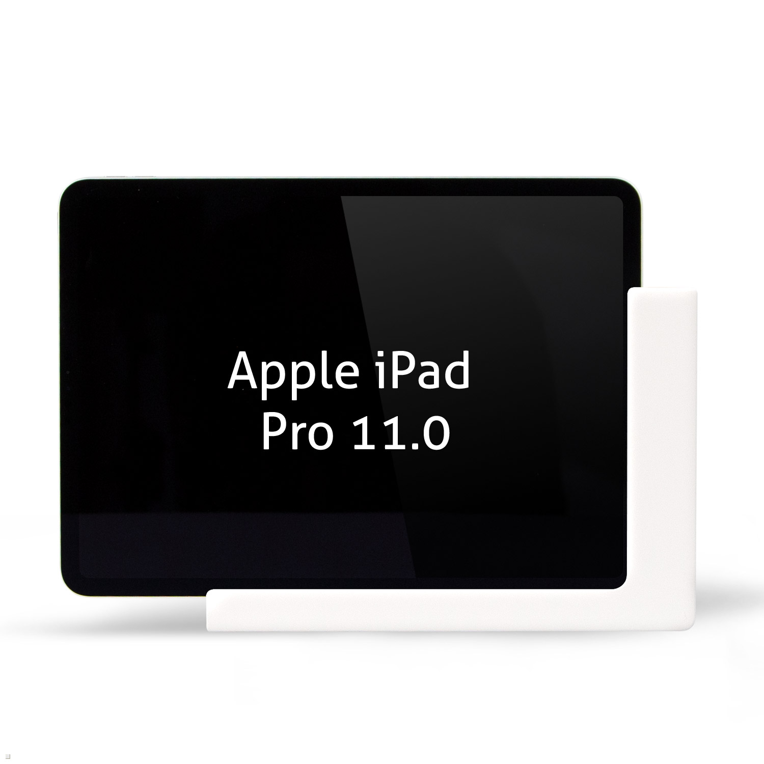 Schwarzes iPad Pro 11.0 auf einem weißen Ständer. Bildschirm zeigt Text Apple iPad Pro 11.0.