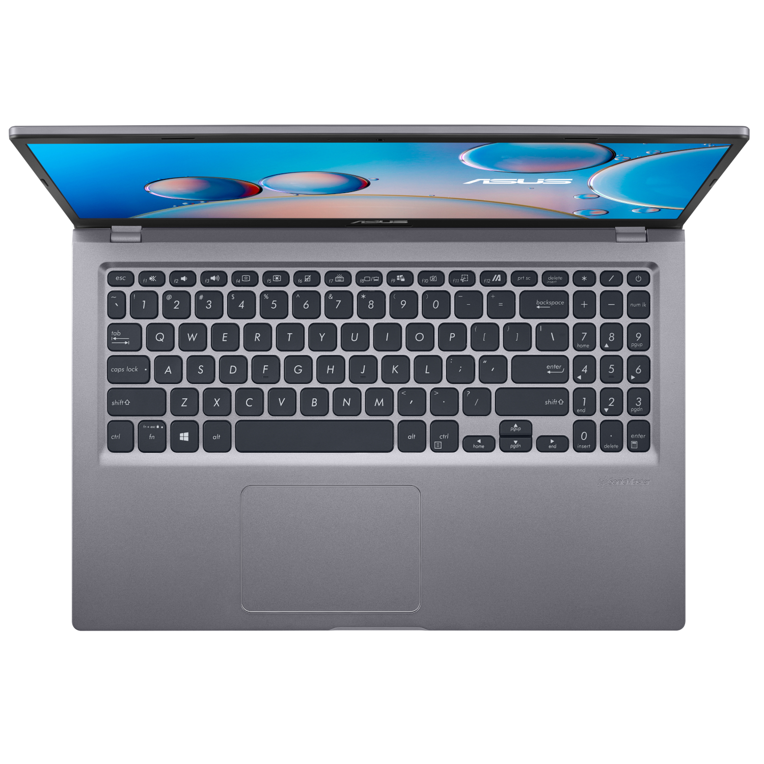 Laptop, offen, zeigt Tastatur und Bildschirm mit blauem und weißem abstraktem Bild.
