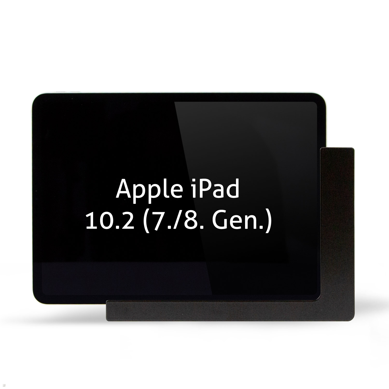 Schwarzes iPad auf einem schwarzen Ständer. Der Bildschirm zeigt Text an.