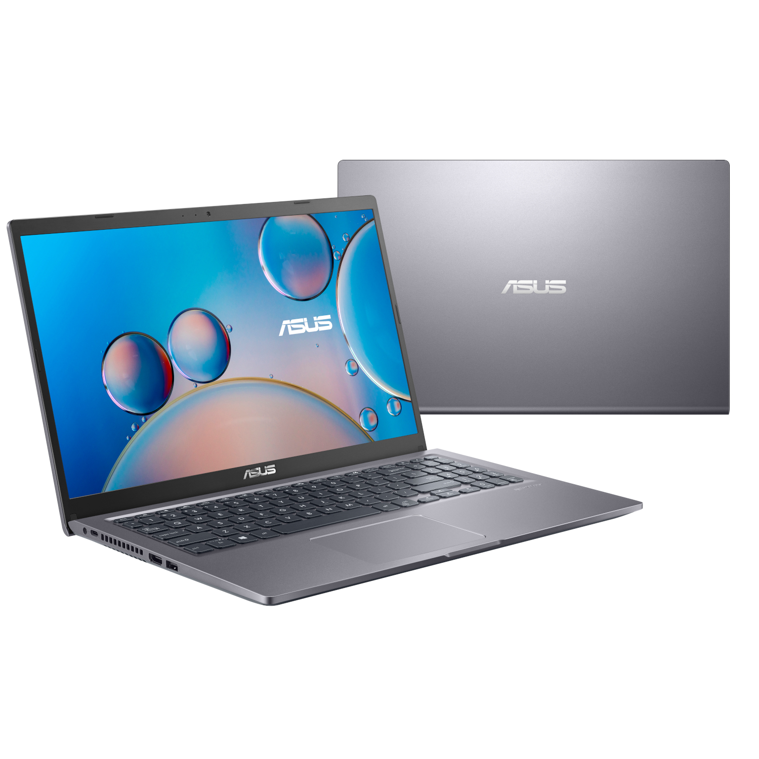 Grauer ASUS-Laptop auf weißem Hintergrund, geöffnet, zeigt Bildschirm mit Blasen. Ein weiterer Laptop ist dahinter.