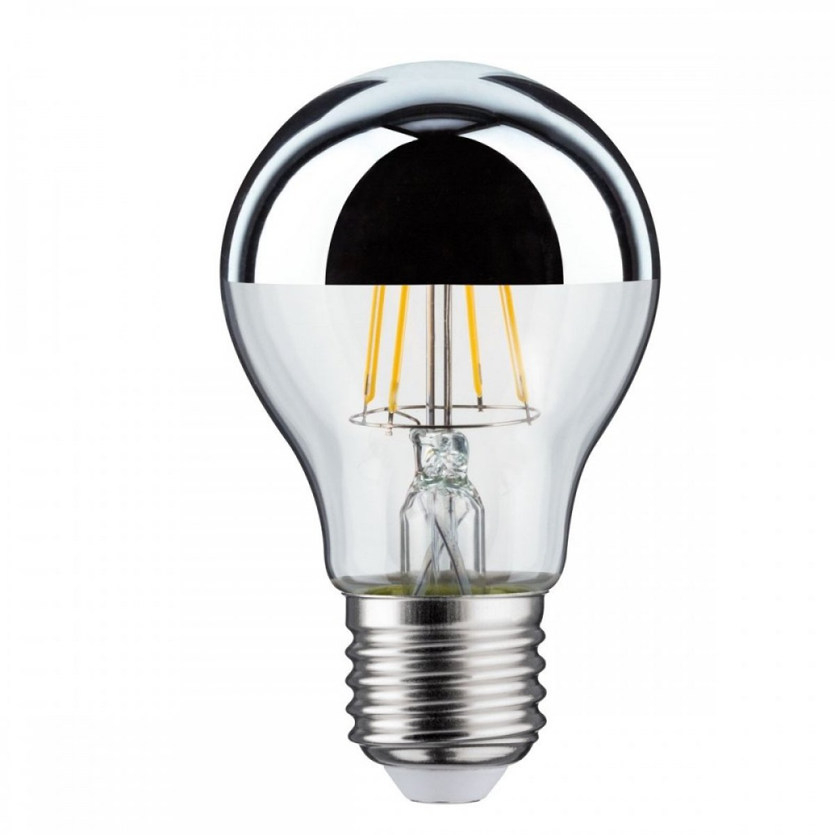 Żarówka LED z chromowanym wierzchem i odsłoniętymi żarnikami, na białym tle.