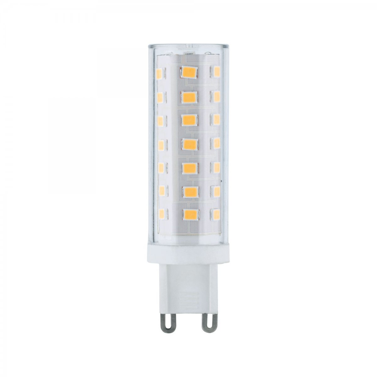 Zbliżenie żarówki w kształcie prostokąta z dwoma pinami.