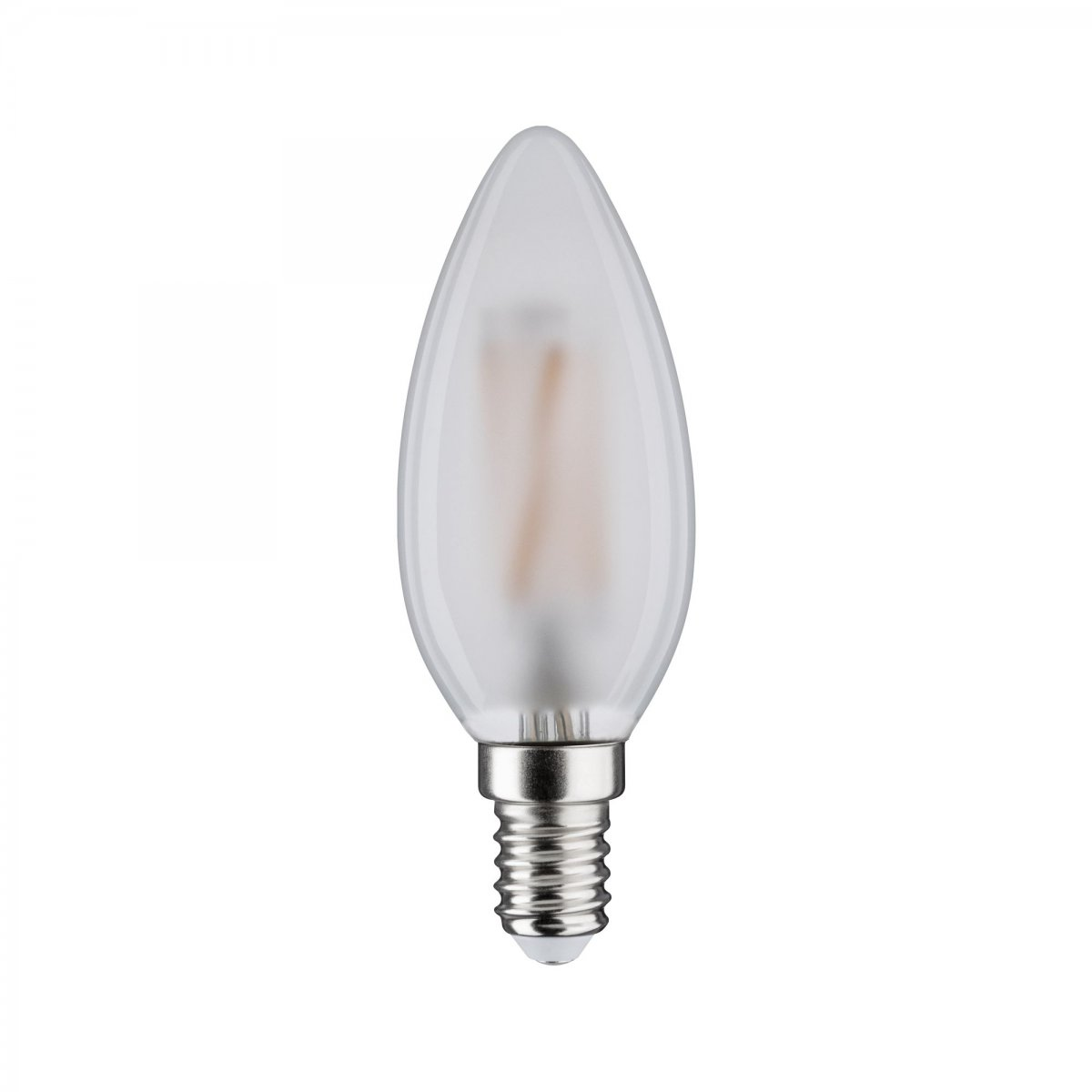 Żarówka z matowego szkła. Srebrna podstawa. Białe tło. Pionowa. W kształcie świecy.