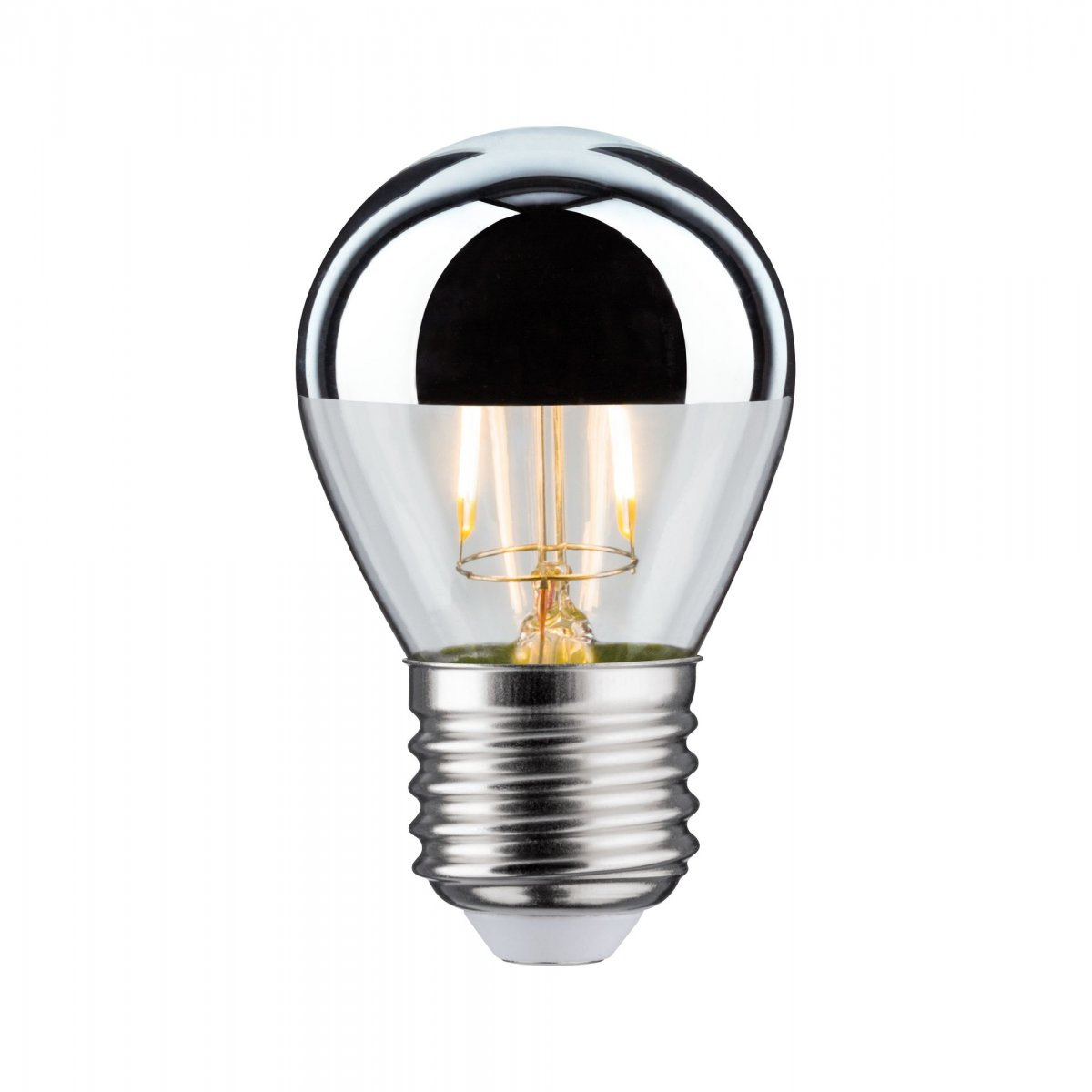 Una lampadina trasparente con la parte superiore argentata e nera, su sfondo bianco.