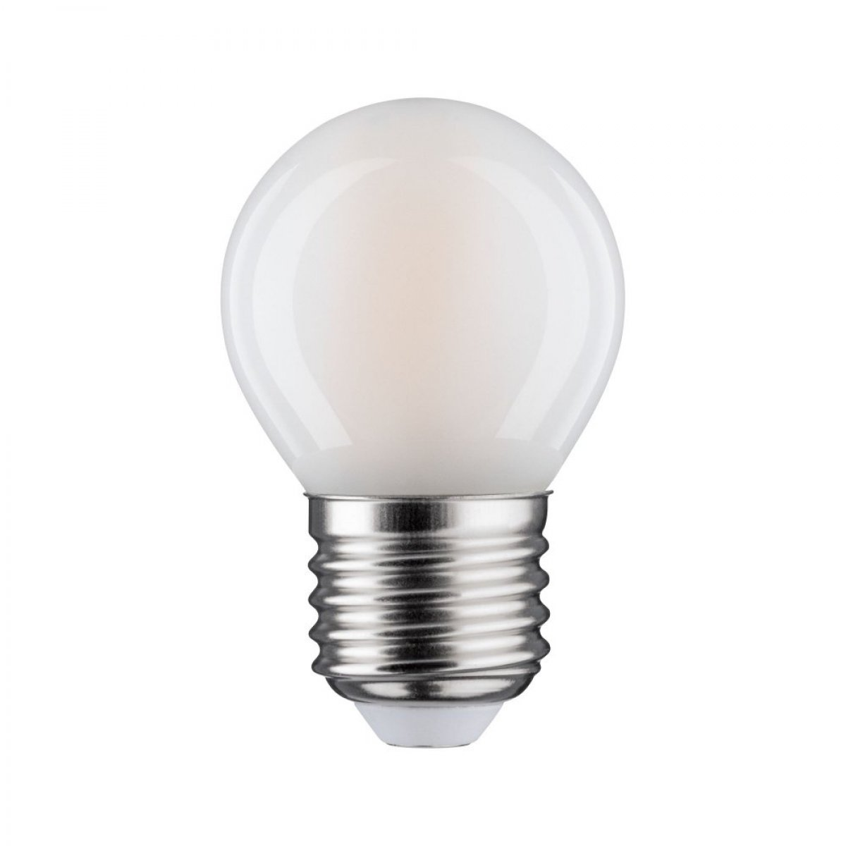 Una lampadina bianca con base argentata. La lampadina è di forma rotonda.