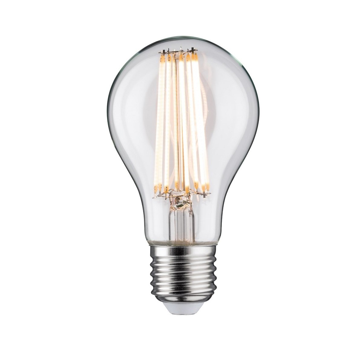 Przezroczysta żarówka ze srebrną podstawą. Wewnątrz pionowe, świecące żarniki.