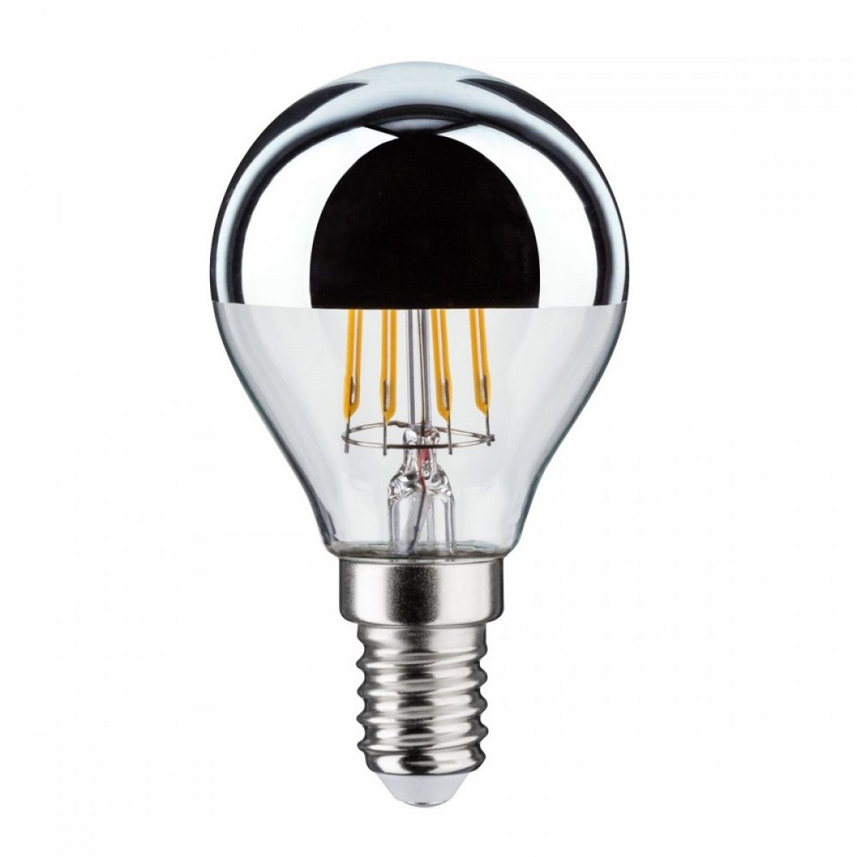 Żarówka z chromowanym wierzchem i przezroczystym szklanym dnem. Żarówka ma srebrną podstawę i żółte włókna.