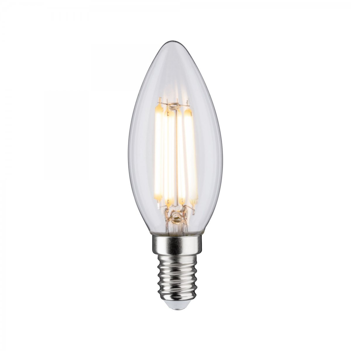 Przezroczysta żarówka szklana ze srebrną podstawą.