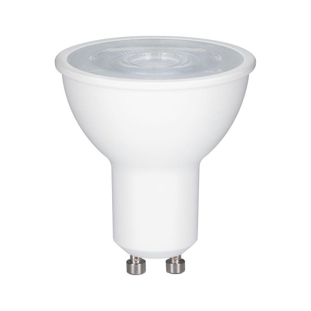 Una lampadina bianca con una parte superiore rotonda e due pin argentati. Sfondo bianco.