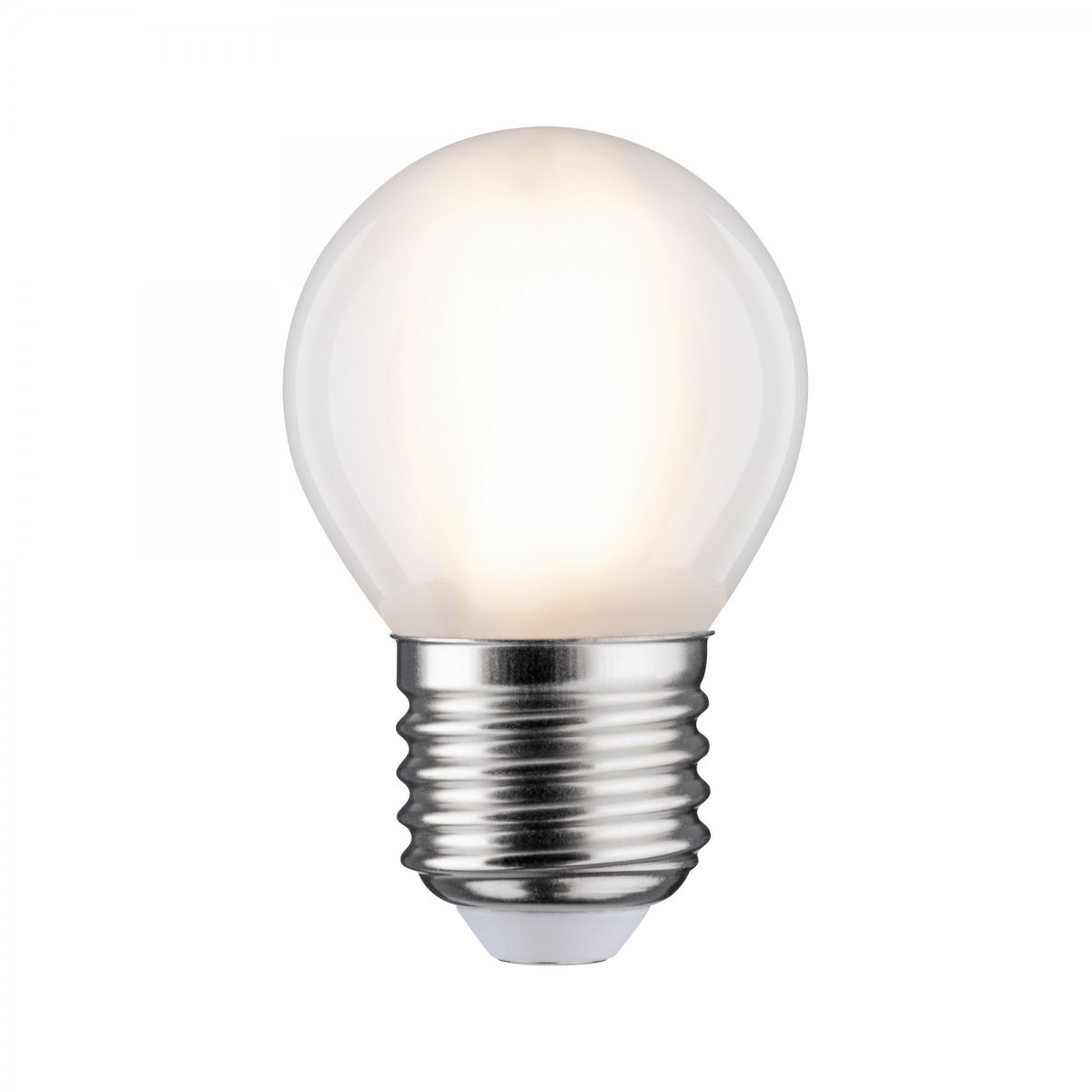 Una lampadina rotonda con base argentata. Emette una luce soffusa e calda.