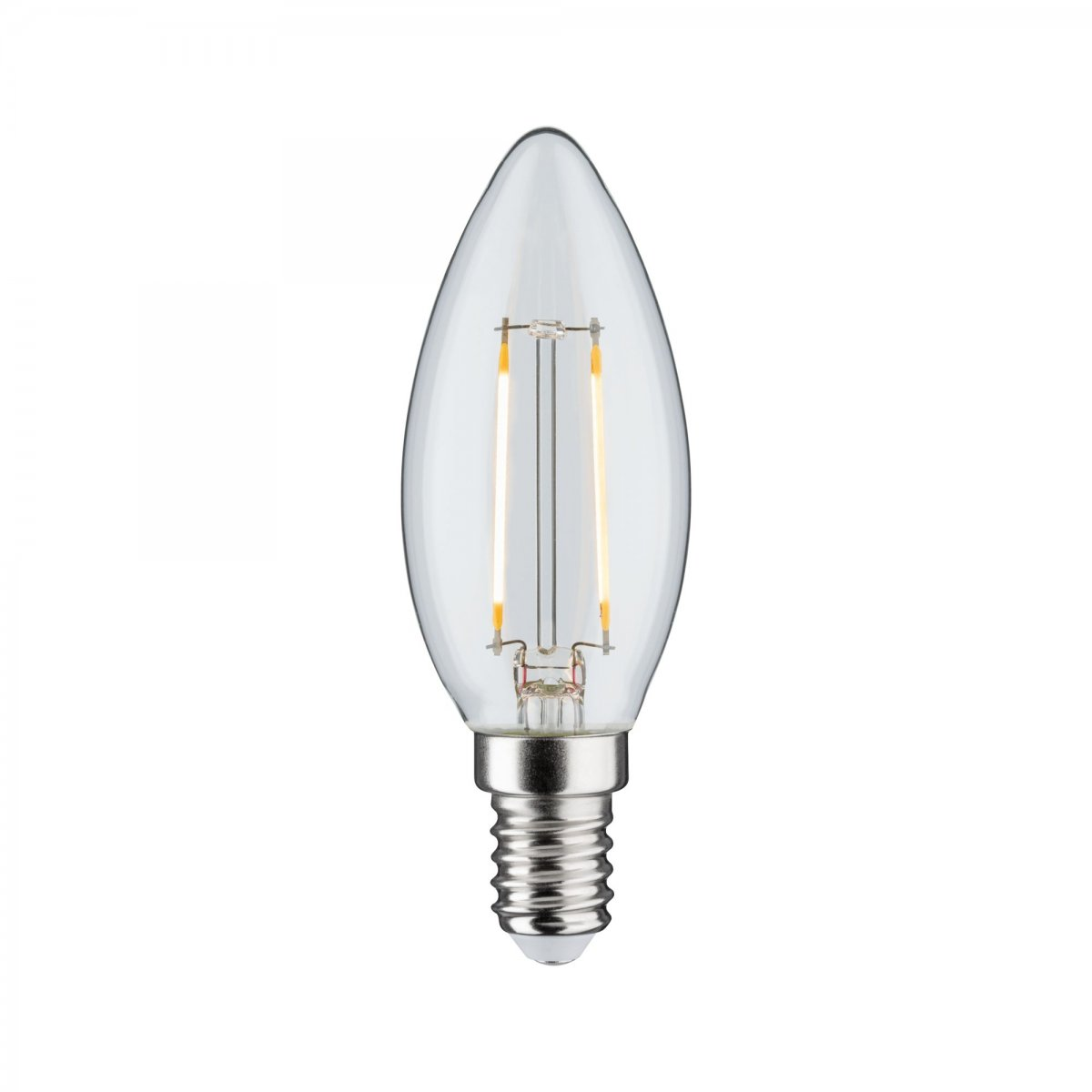 Przezroczysta, spiczasta żarówka z dwoma pionowymi żarnikami, emitująca ciepłą poświatę.