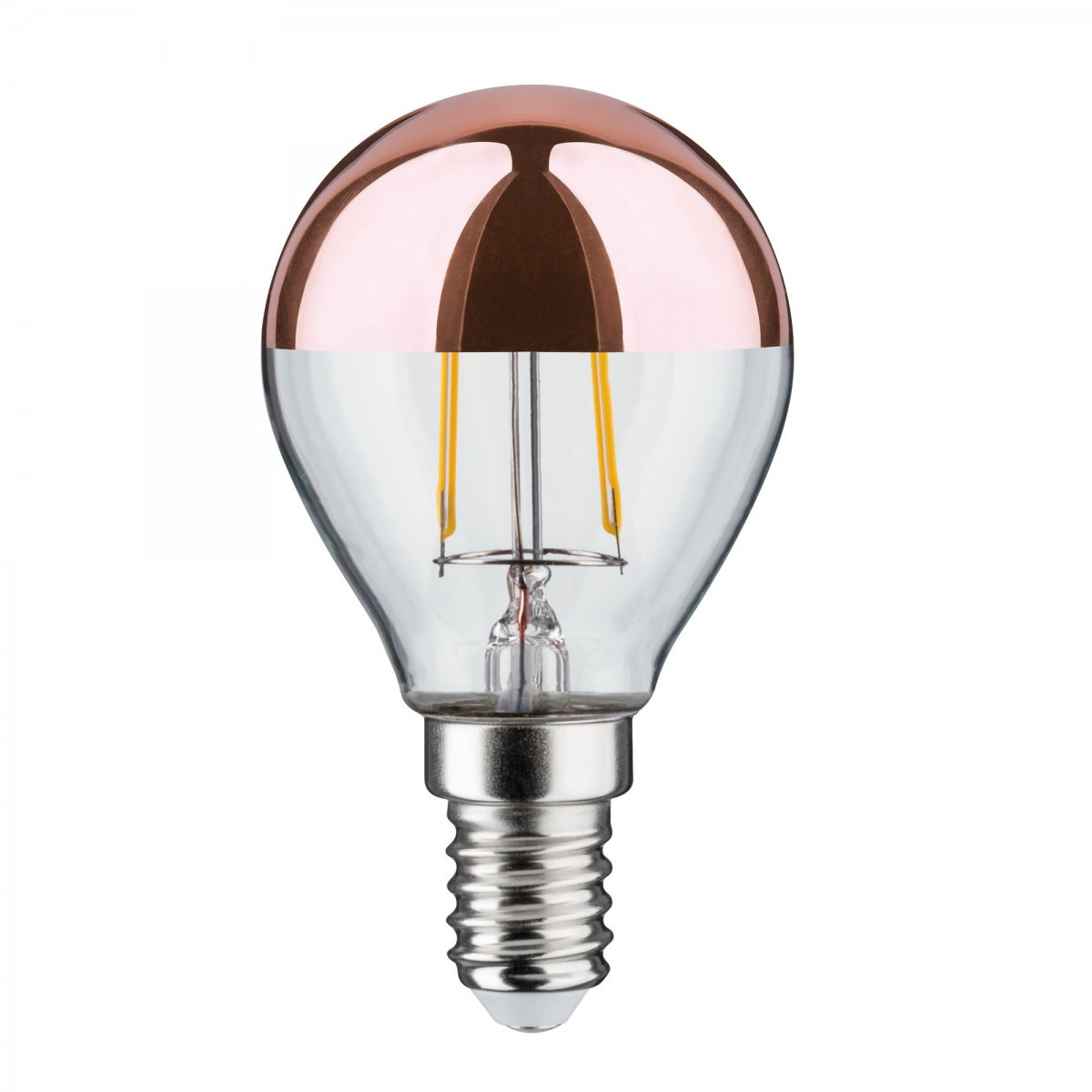 Una lampadina con la parte superiore in oro rosa e la base in vetro trasparente.