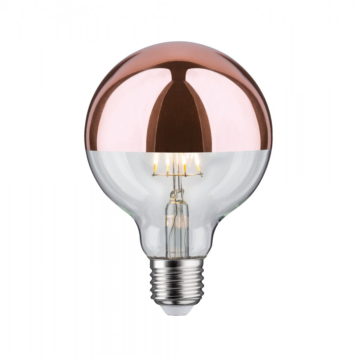 Żarówka z miedzianą górą i przezroczystym szklanym dnem. Żarówka ma widoczne żarniki i srebrną podstawę.