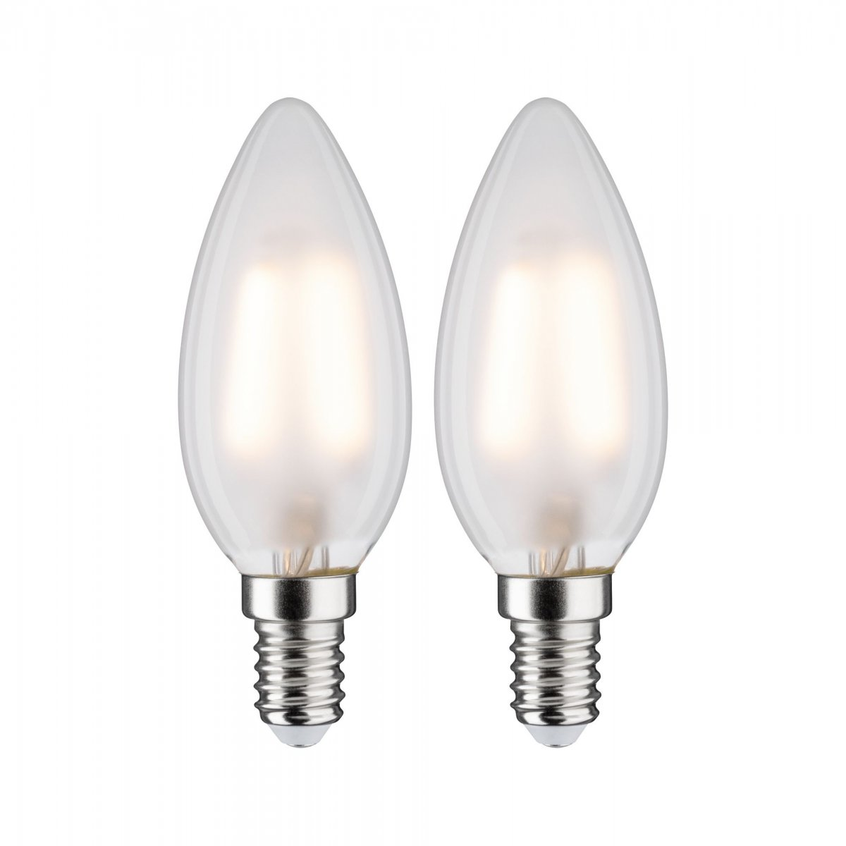 Dwie matowe żarówki z białym światłem i srebrną podstawą, na białym tle.