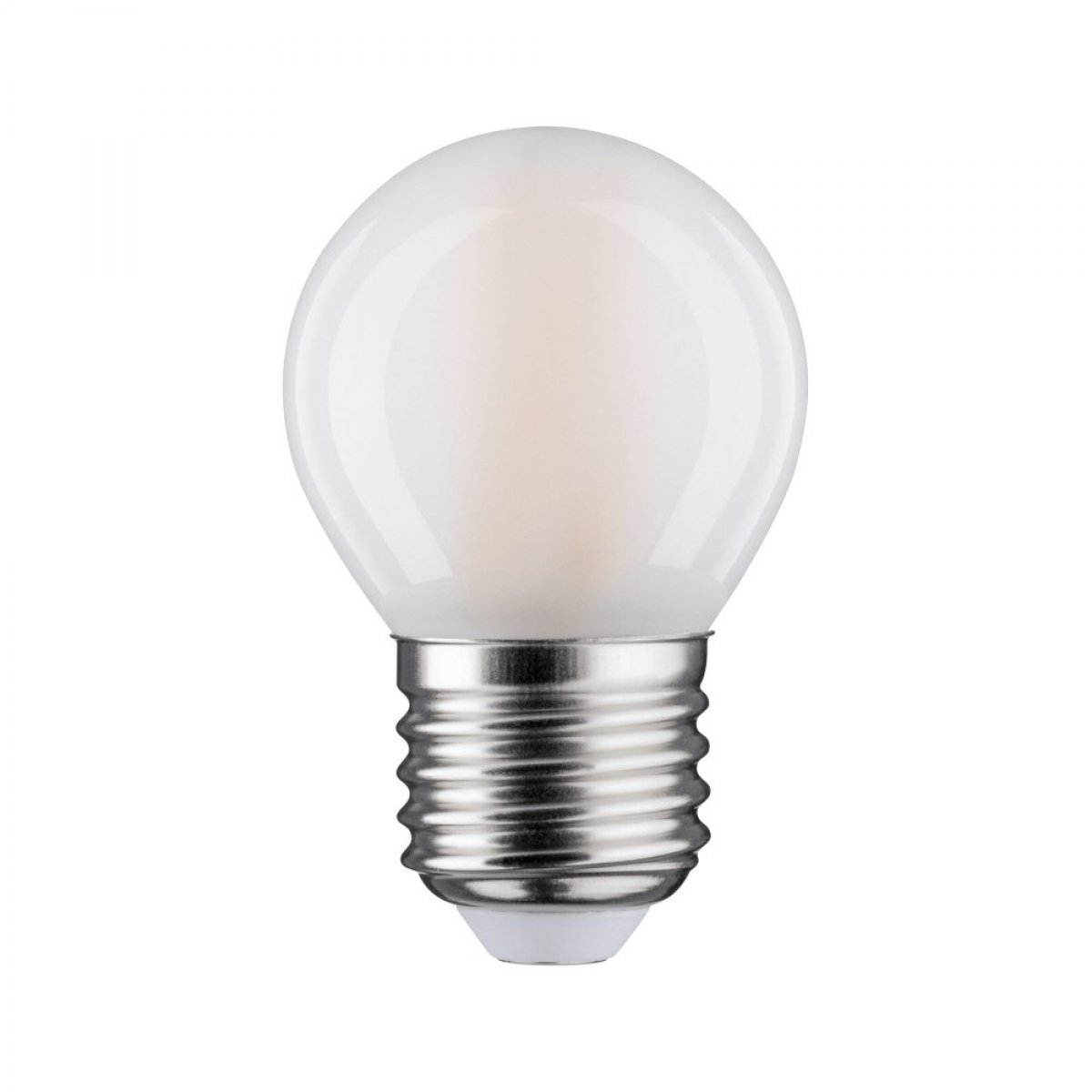 Lampadina bianca con base argentata. La lampadina ha una forma rotonda e lo sfondo è bianco.