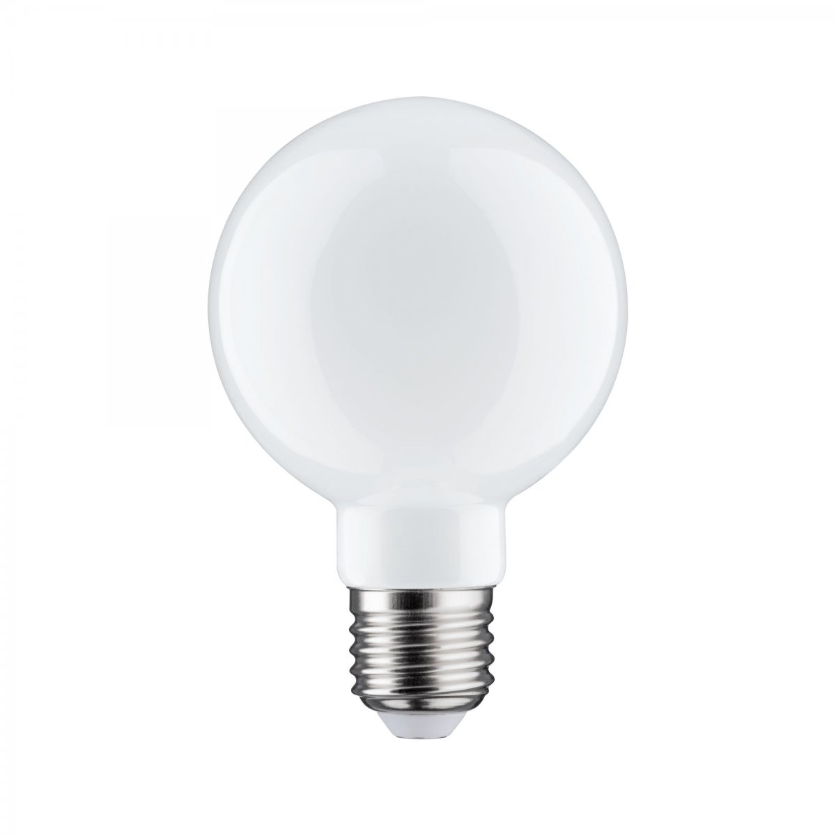 Biała okrągła żarówka na białym tle. Widoczna podstawa śrubowa.