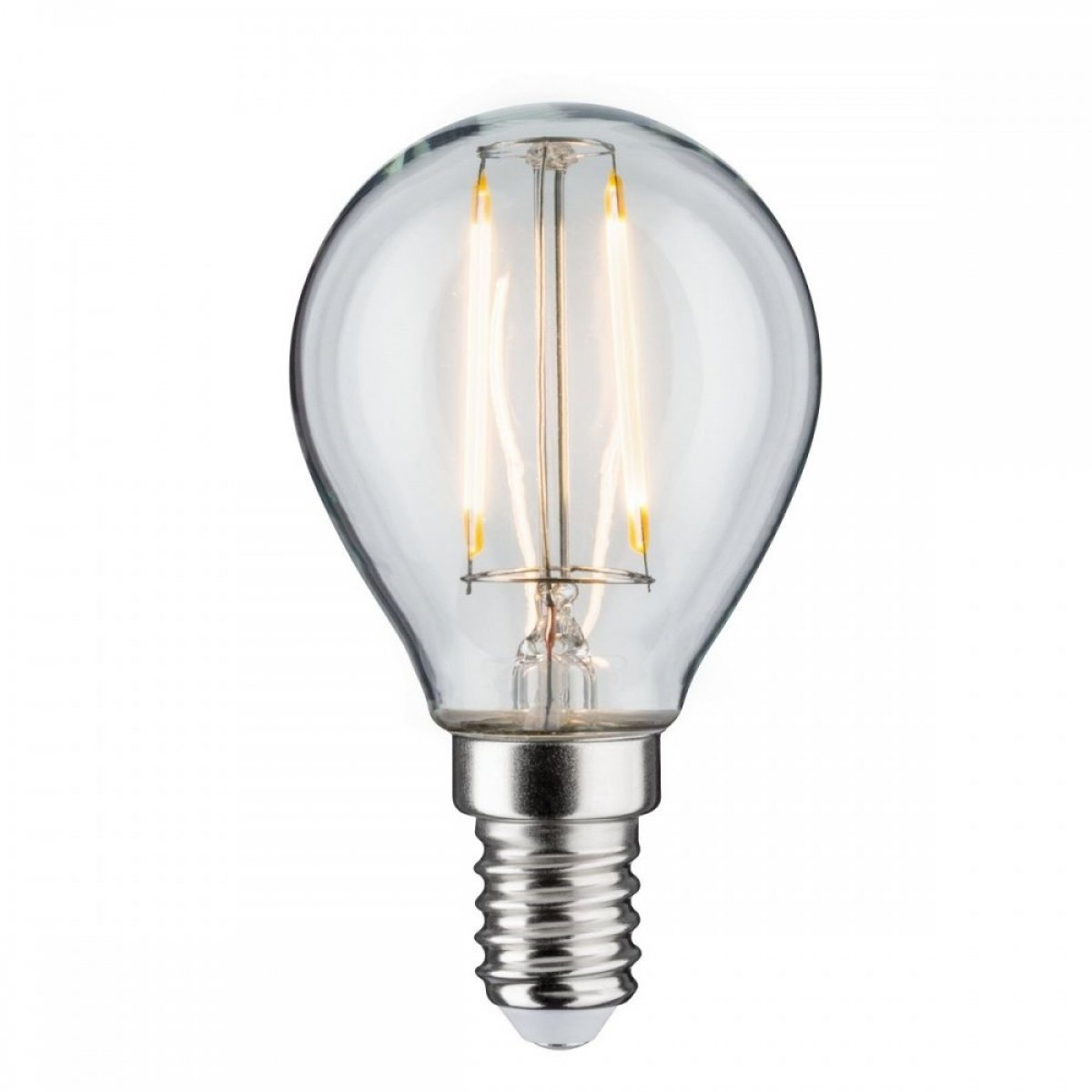 Una lampadina trasparente con filamenti visibili e base argentata, isolata su bianco.