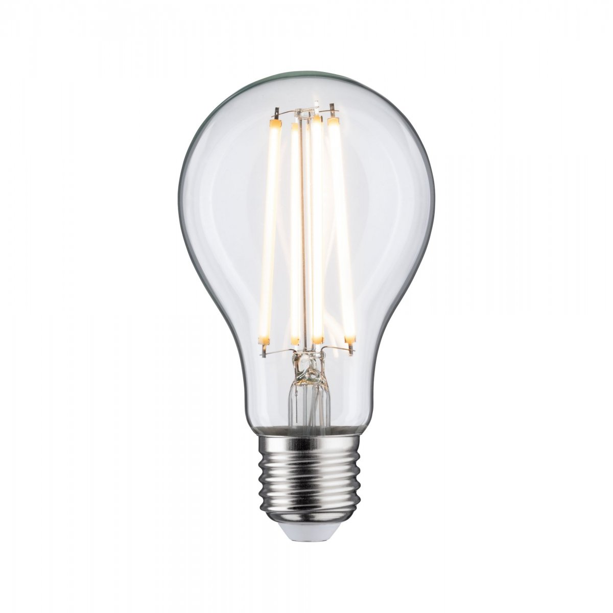 Przezroczysta żarówka z widocznymi włóknami i srebrną podstawą.