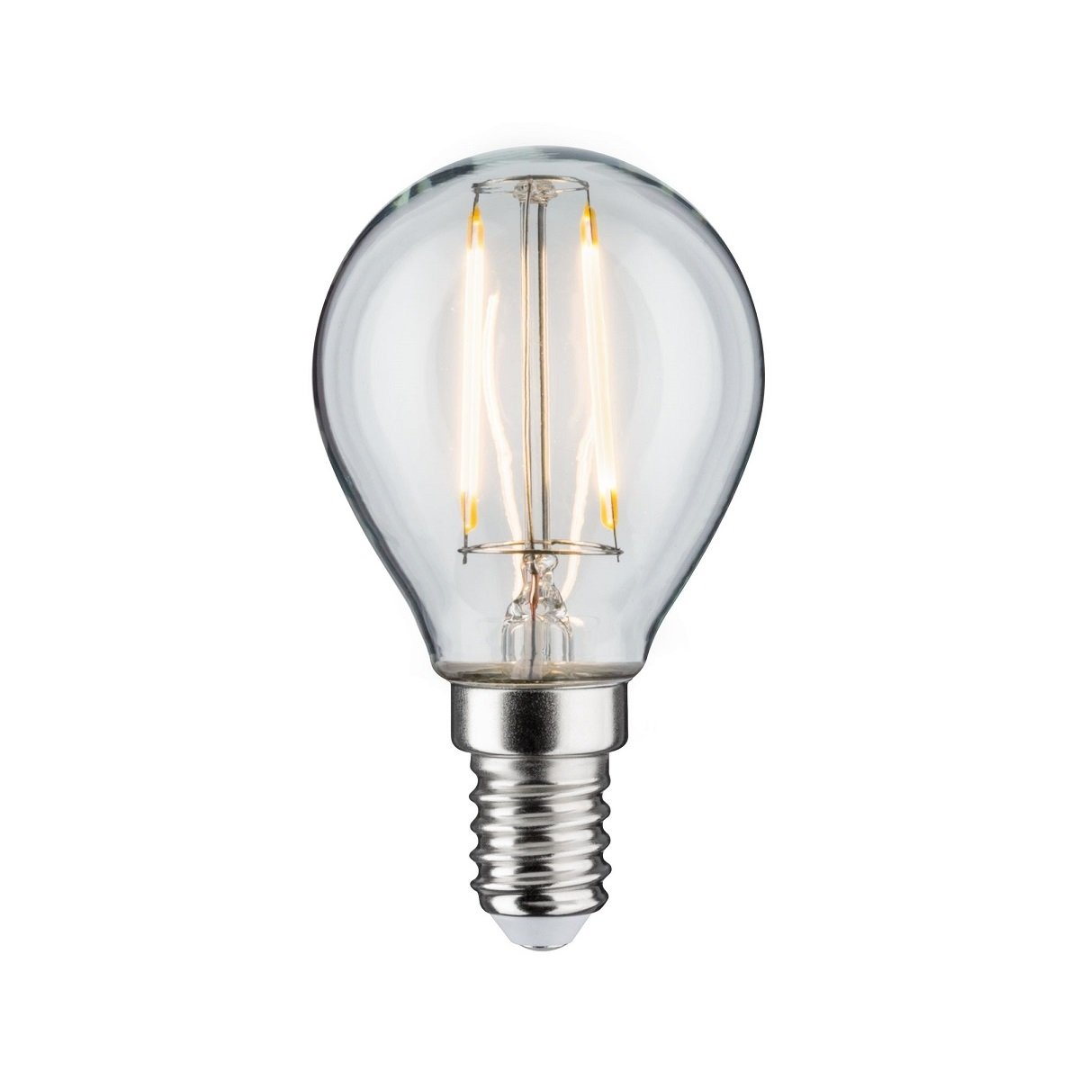 Lampadina in vetro trasparente con due filamenti all'interno. Base argentata, isolata.