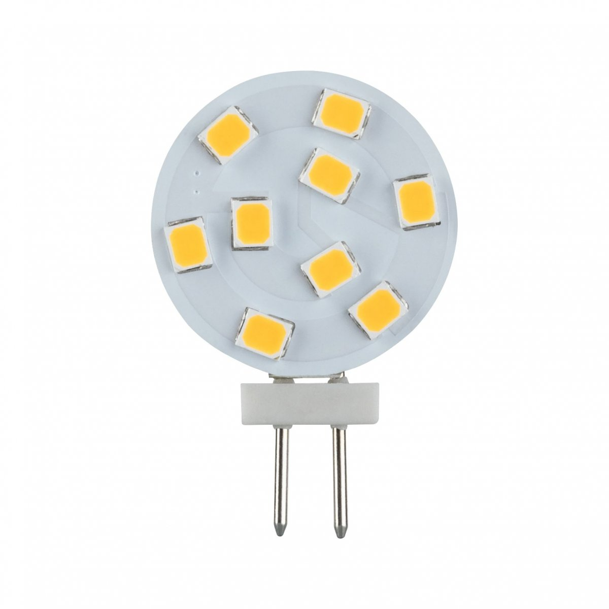 LED-Glühbirne. Runde Basis mit 8 kleinen gelben Lichtern, zwei Metallstiften.