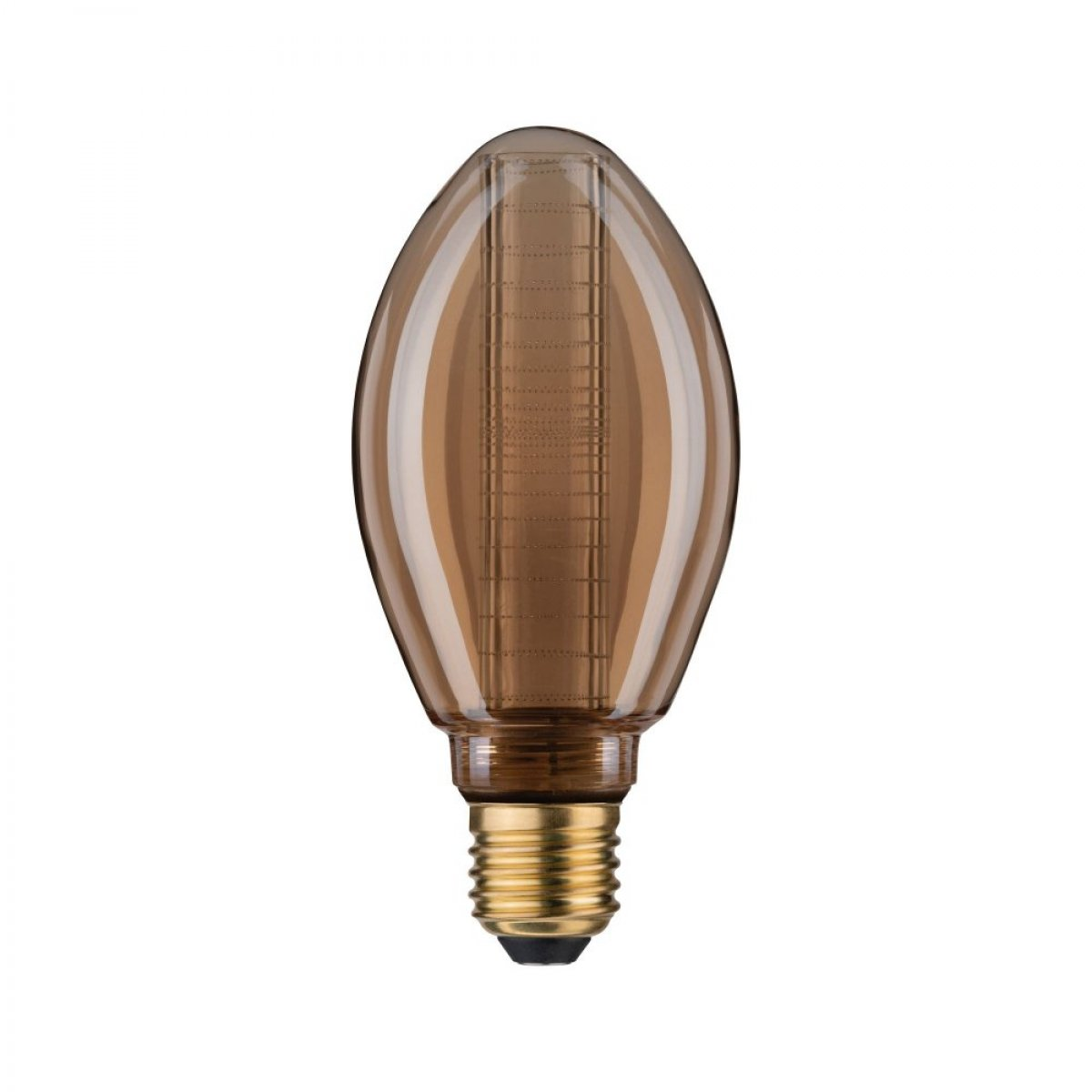 Braune Glühbirne mit goldenem Sockel. Ovale Form. Transparent, zeigt innere Elemente.