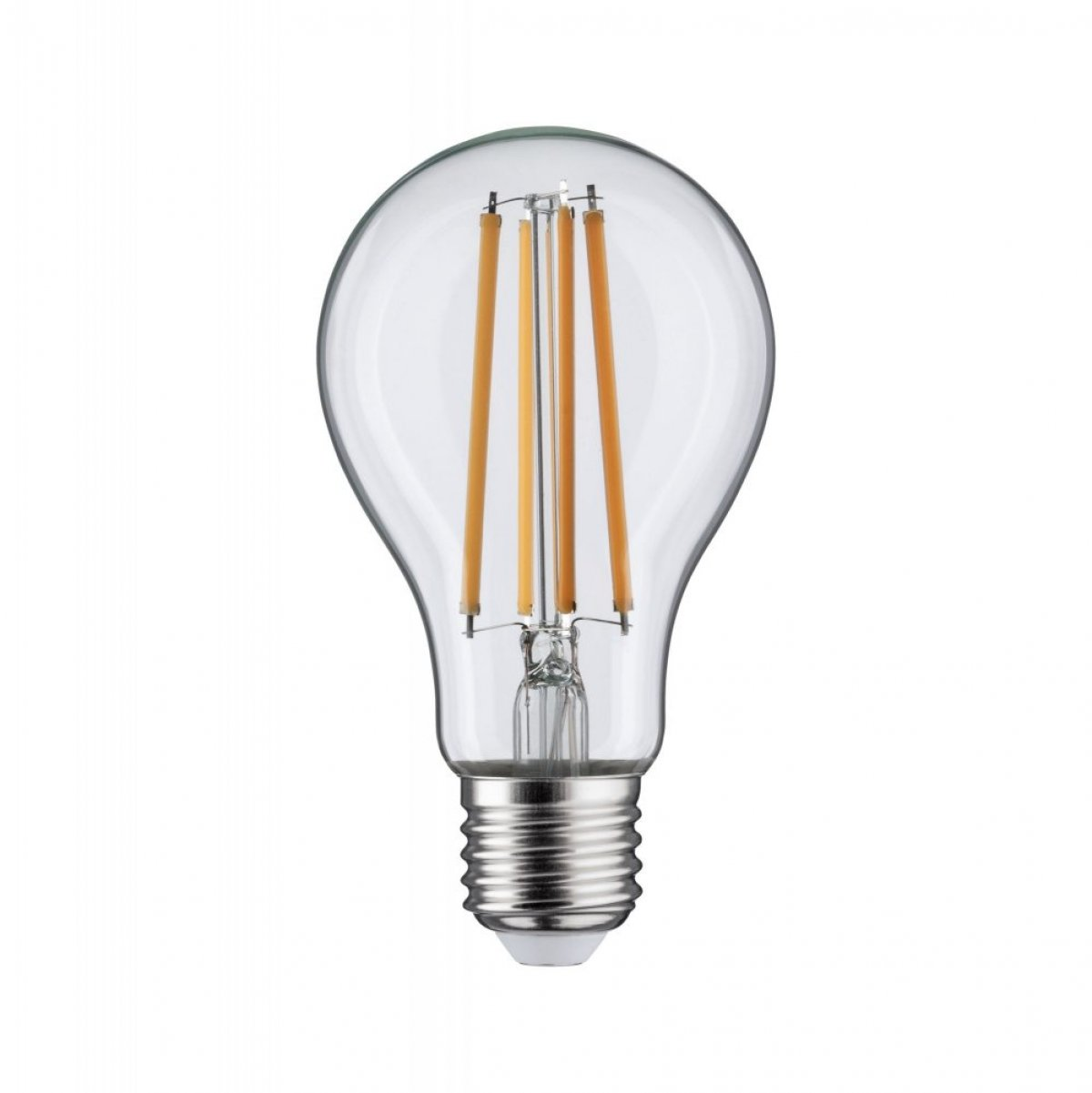 Przezroczysta żarówka z pomarańczowymi włóknami. Srebrna podstawa. Białe tło. Pionowa.