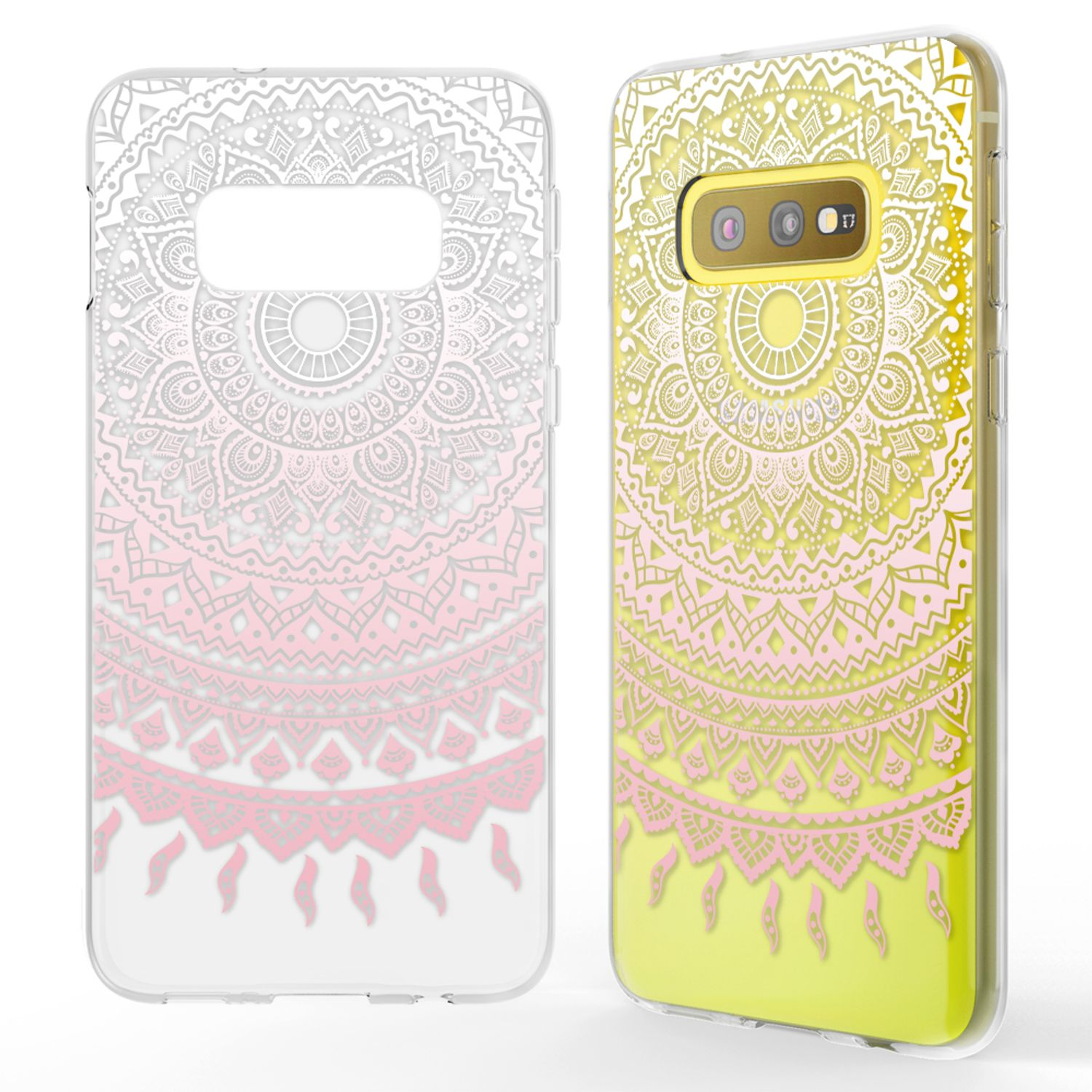 Coque de téléphone transparente avec un motif mandala rose et jaune. Deux coques.