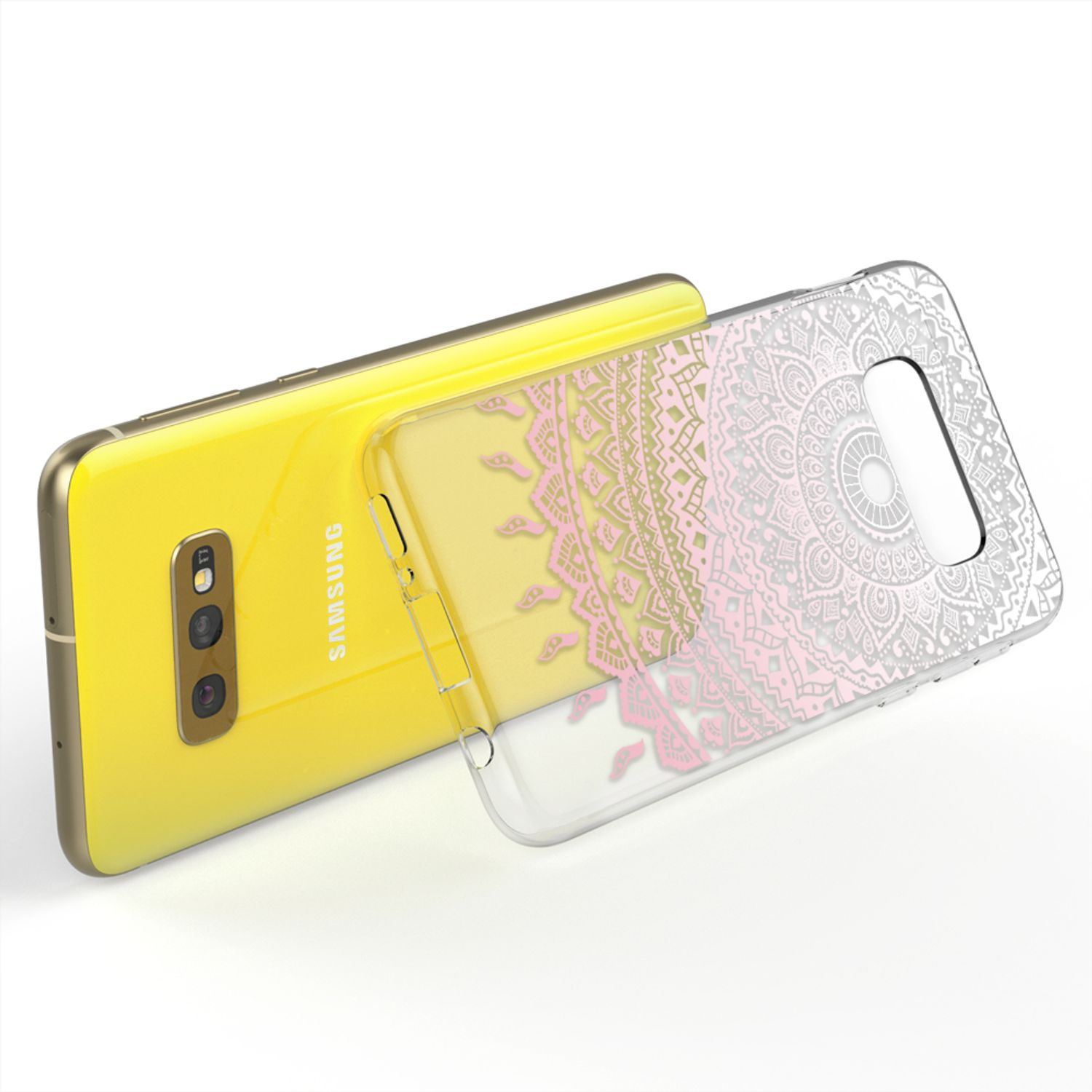 Gelbes Telefon mit durchsichtiger Hülle, die ein rosa und silbernes Design zeigt, auf weißem Untergrund.