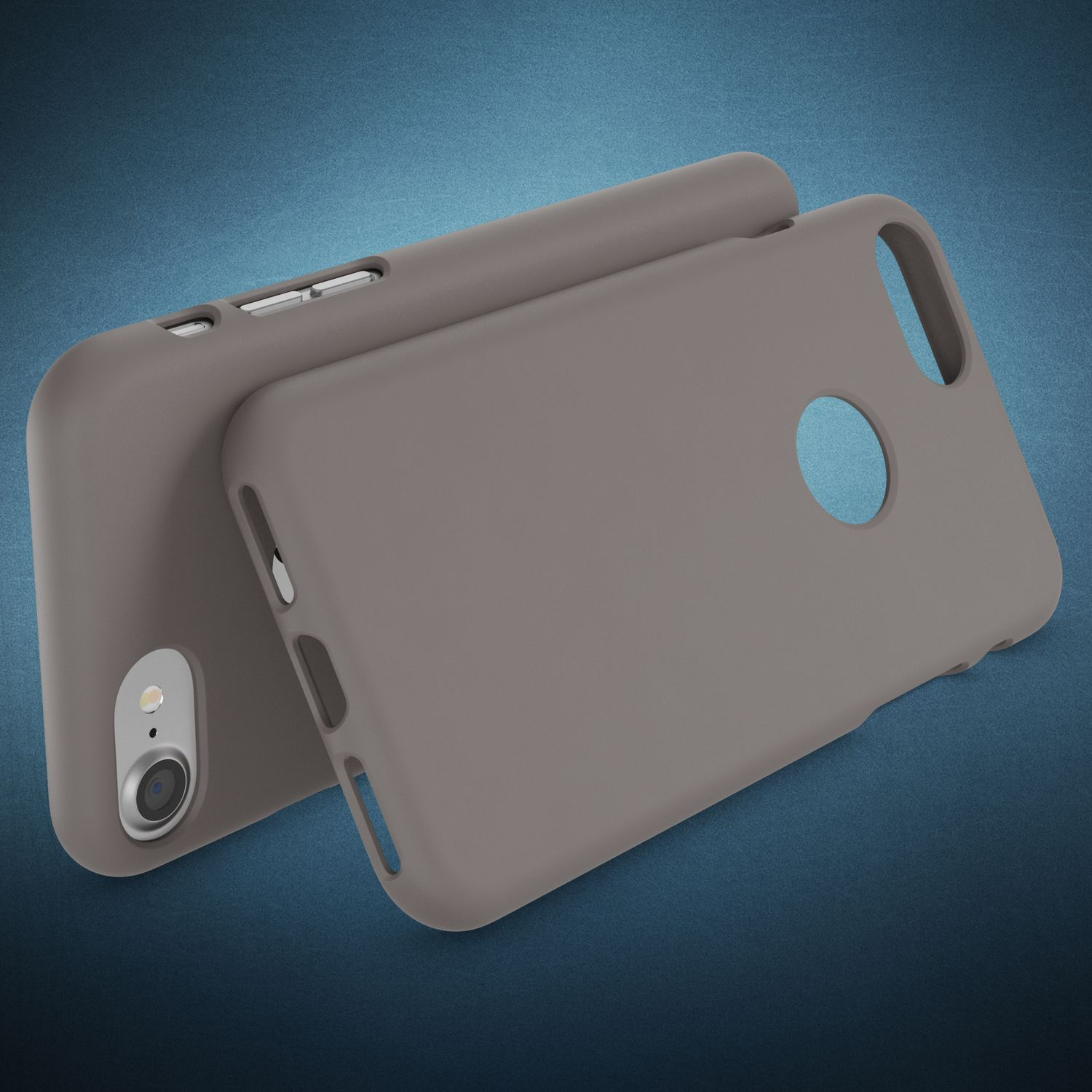 Graue Handyhülle. Zwei Hüllen. Blauer Hintergrund. Telefonkamera sichtbar. Einfaches Design.