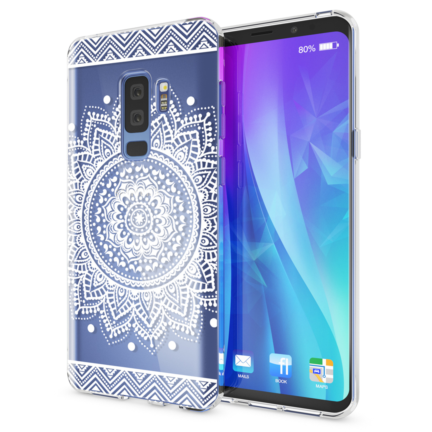 Handyhülle mit weißem Mandala-Design. Das Telefon ist blau.