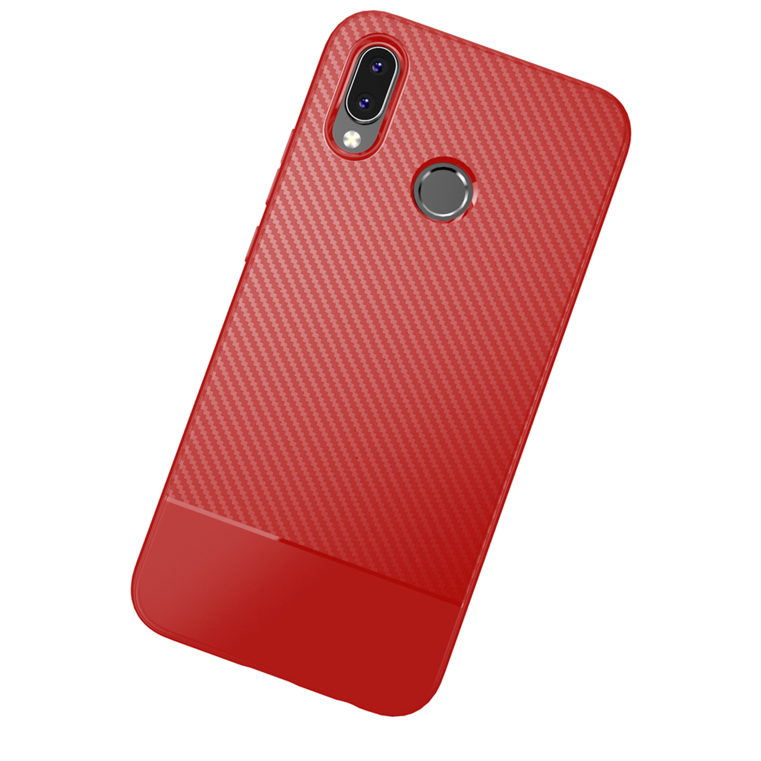 Rote Handyhülle mit texturiertem Kohlefaser-Design auf weißem Hintergrund.
