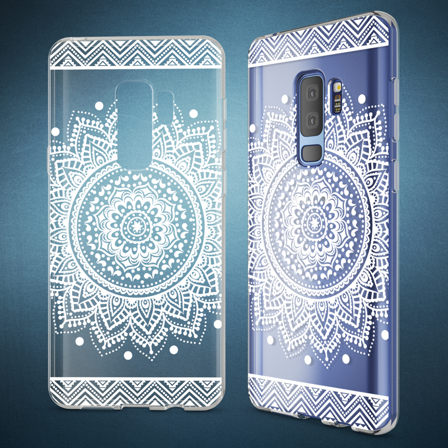 Zwei Handyhüllen mit weißen Mandala-Designs auf blauem Farbverlauf. Eine ist transparent.