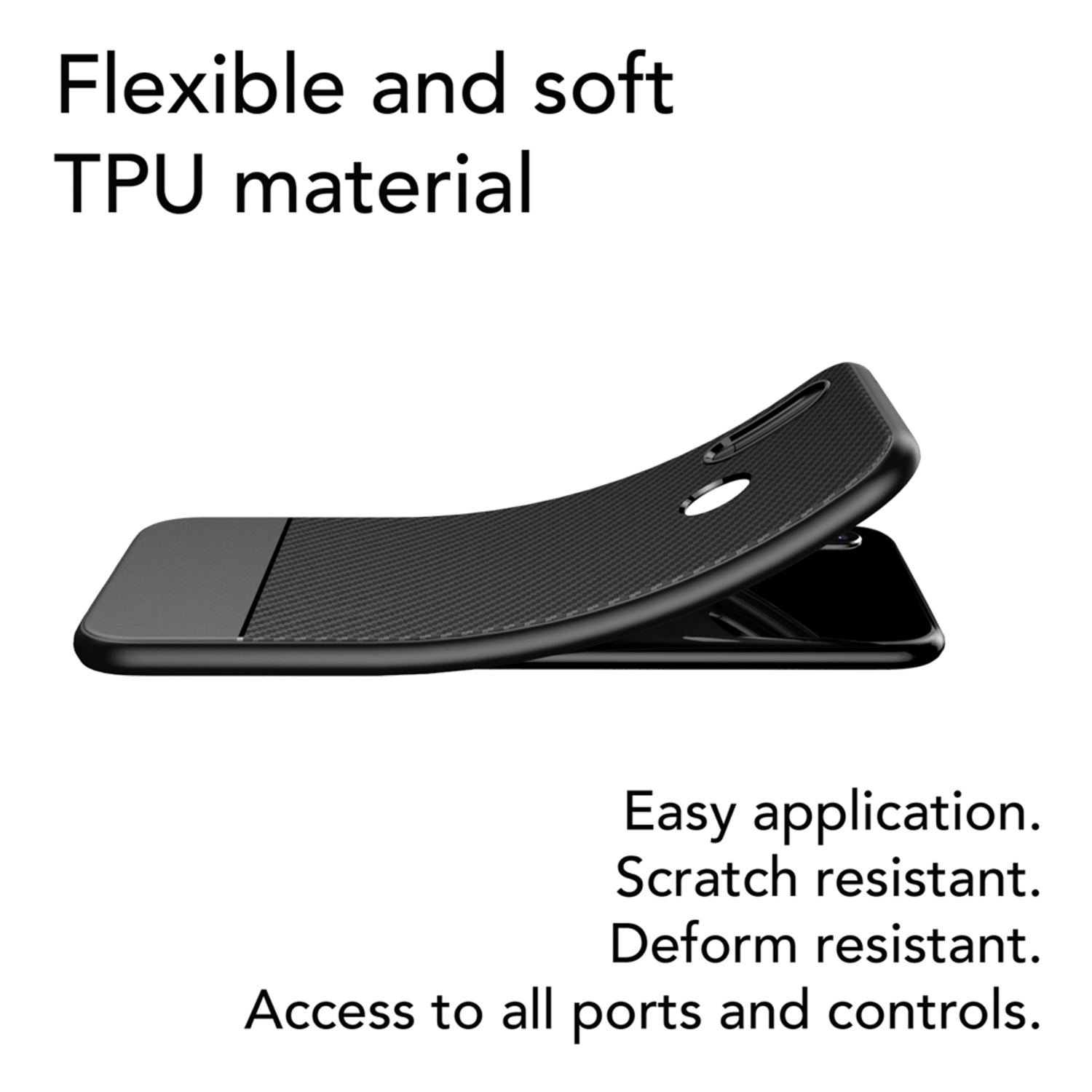 Schwarze Handyhülle, die die Flexibilität von TPU-Material zeigt. Das Telefon ist sichtbar.