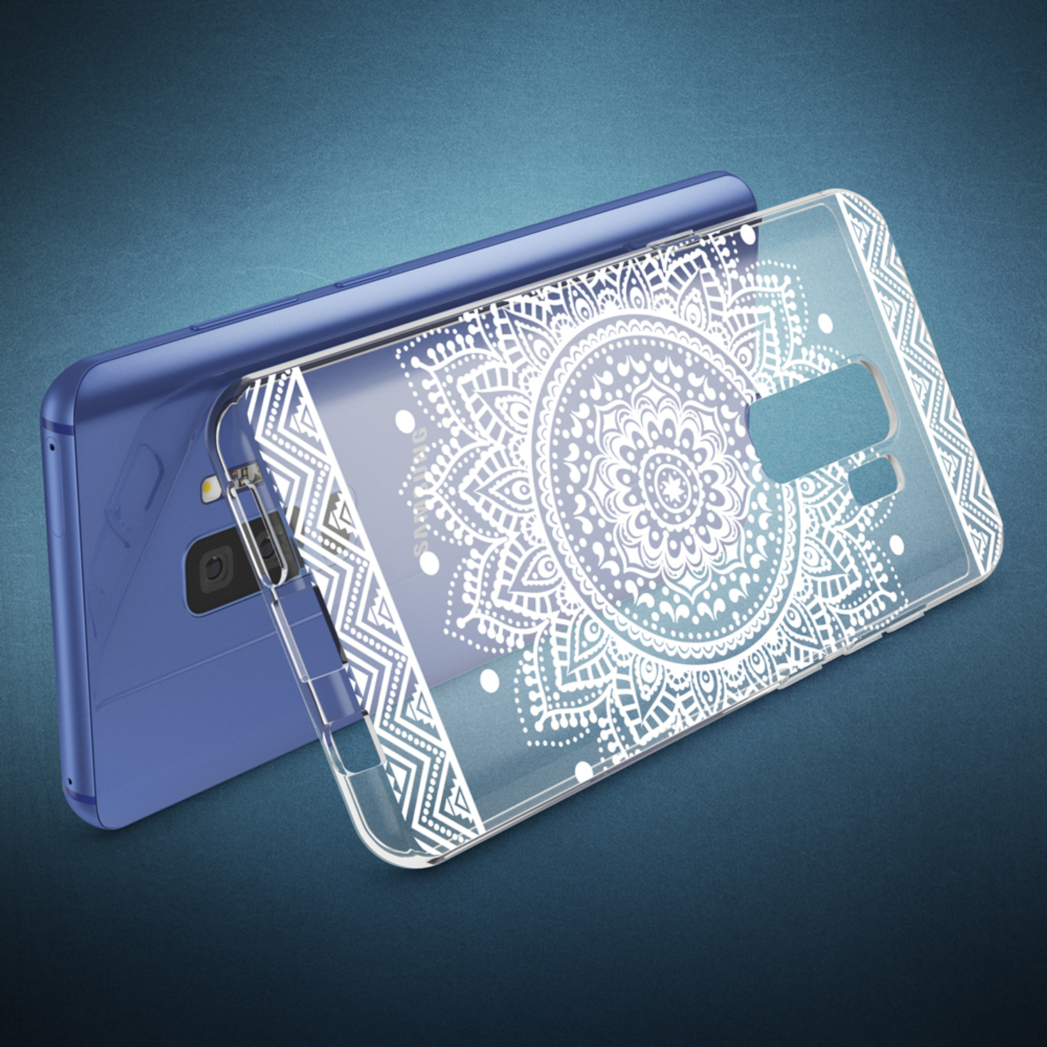Blaues Telefon mit transparenter Hülle. Die Hülle hat ein weißes Mandala-Design.