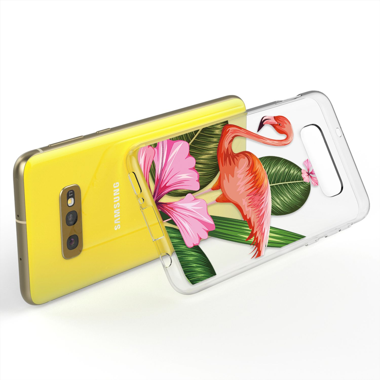 Gelbes Telefon mit klarer Hülle. Hülle hat Flamingo- und Blumendesign.