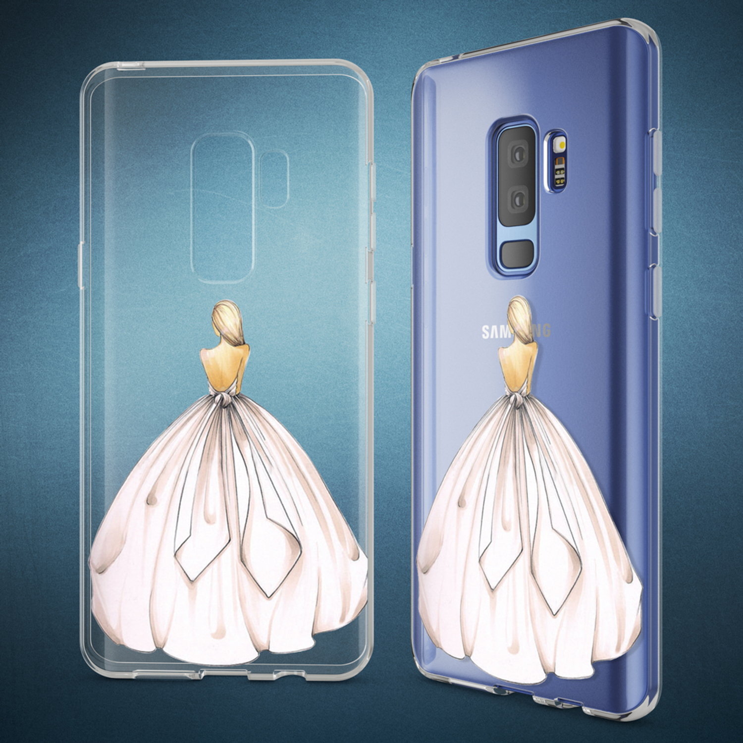 Handyhülle mit Hochzeitskleid-Design, zwei Ansichten, auf blauem Farbverlauf.
