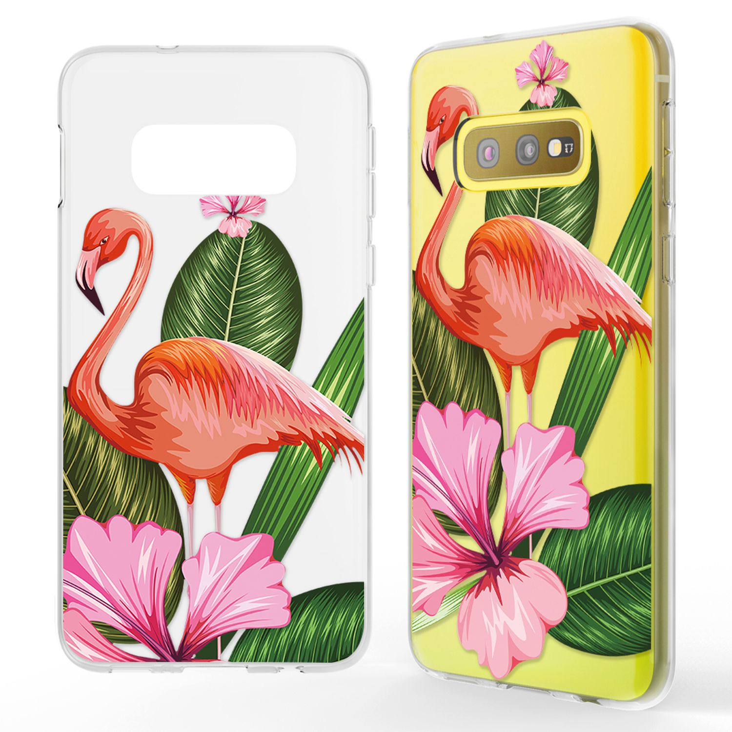 Zwei Handyhüllen mit Flamingos und tropischen Blumen. Das Telefon zeigt einen Flamingo.