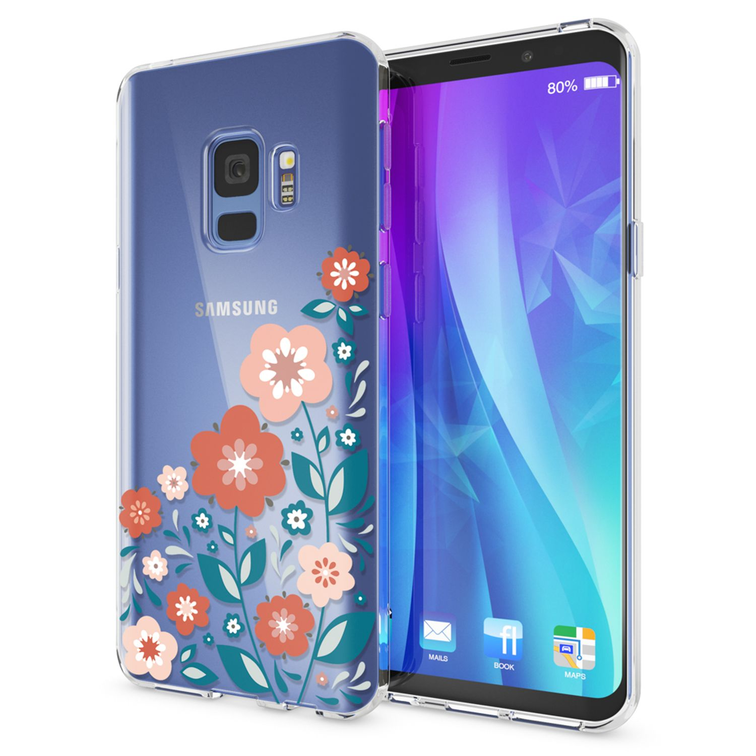 Handyhülle mit floralem Muster und ein Telefon, das einen blauen Hintergrund anzeigt.