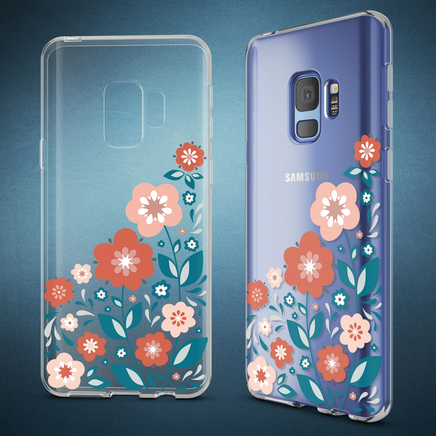 Zwei Telefone mit Hüllen mit floralem Design. Eine Hülle ist transparent, die andere ist auf einem Telefon.