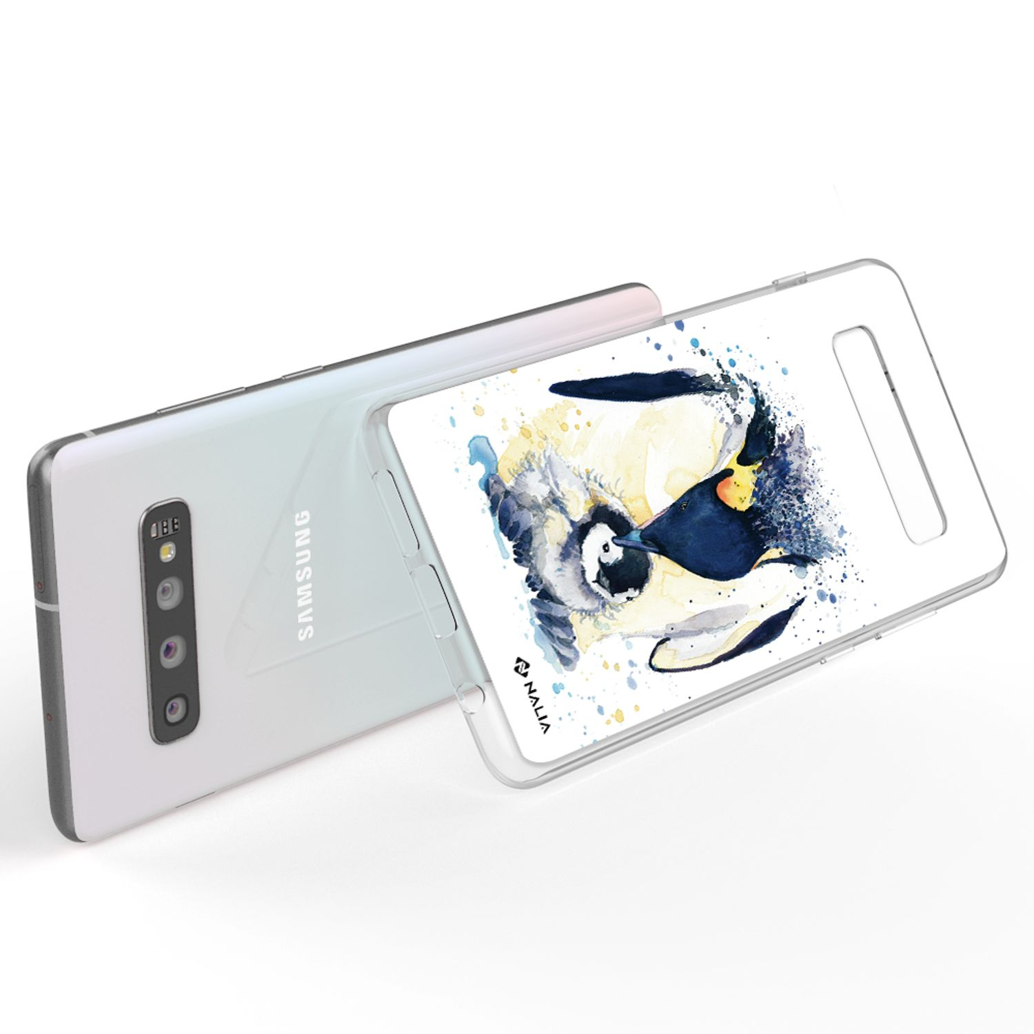 Weißes Telefon mit einer Hülle mit Pinguin-Design. Das Telefon befindet sich auf einer weißen Oberfläche. Der Hintergrund ist weiß.