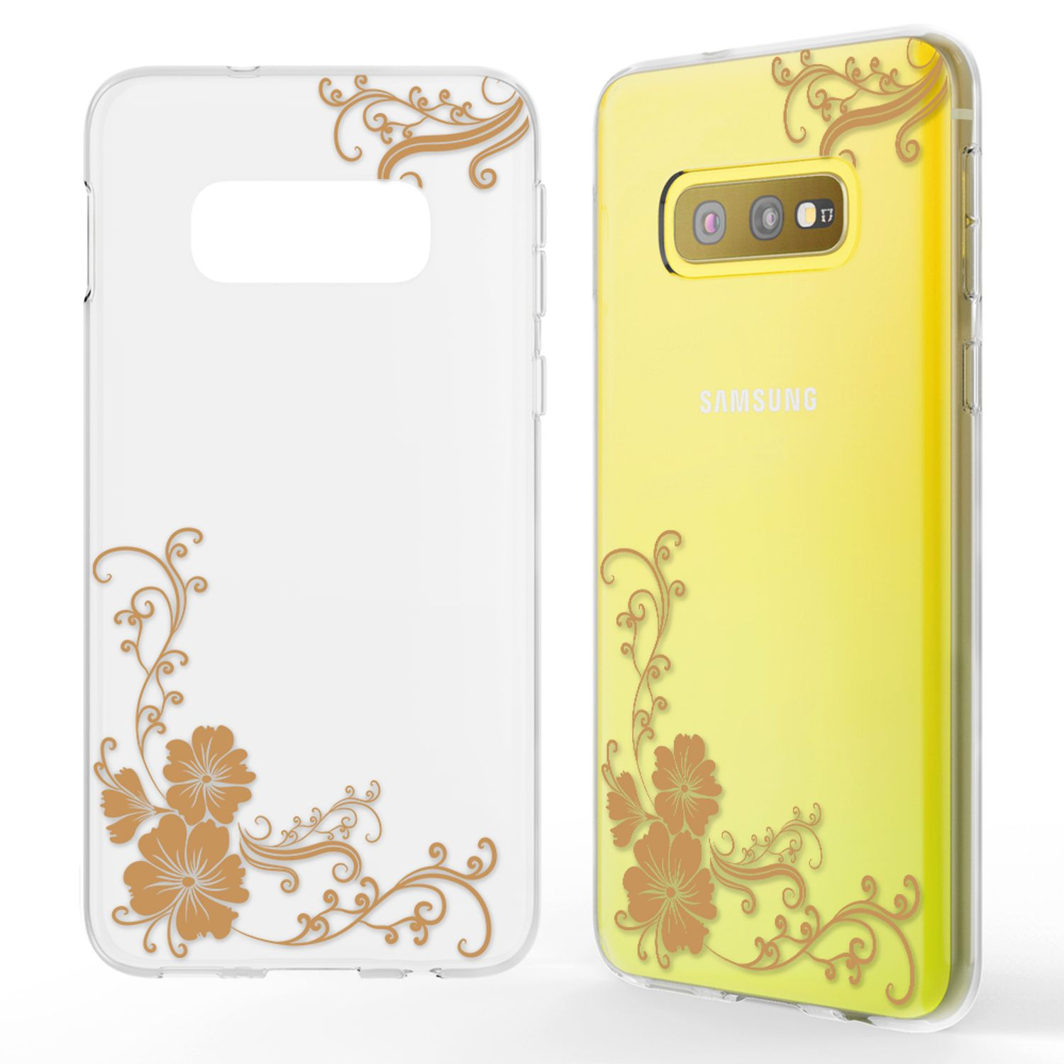 Zwei Handyhüllen mit einem floralen Muster in Braun. Der Telefonbildschirm ist gelb.