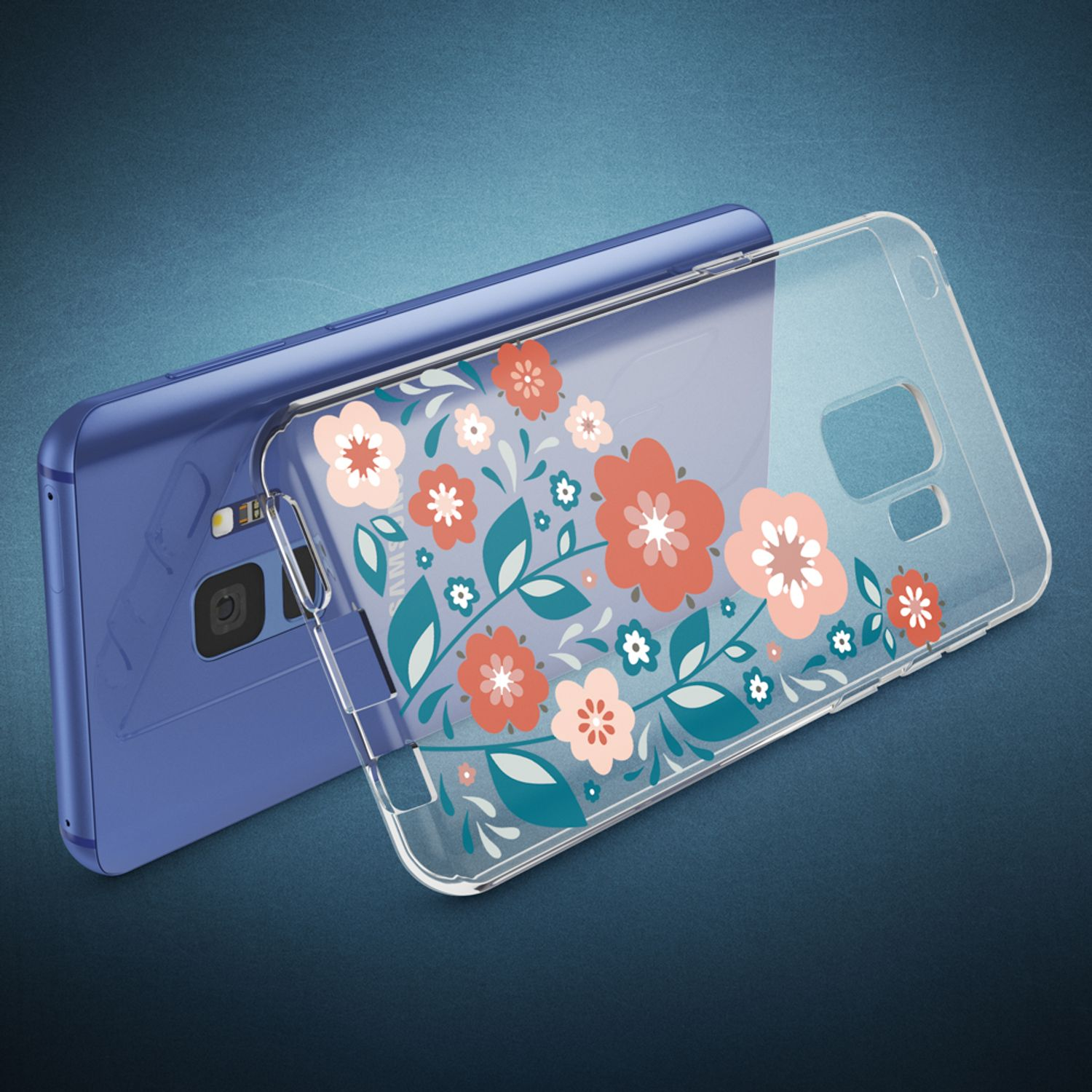 Ein blaues Telefon mit einer transparenten Hülle mit einem Blumendesign in Rosa und Weiß.