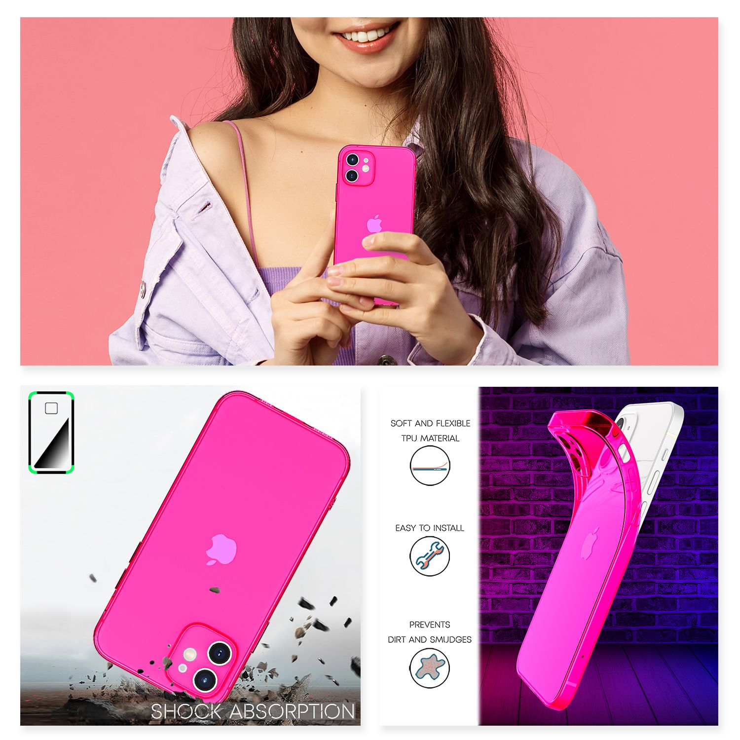 Pink Neon Apple, Transparente Mini, Hülle, Backcover, 12 iPhone Klar Silikon NALIA
