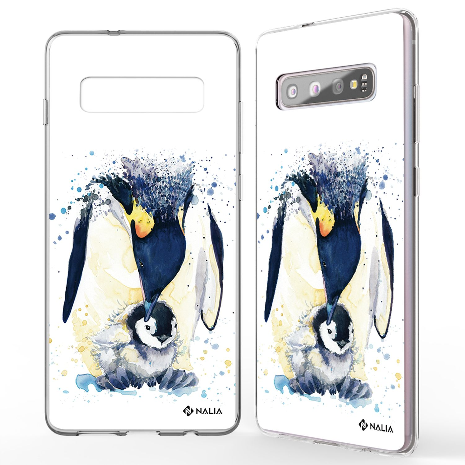Handyhüllen mit einem Aquarellgemälde von Pinguinen mit ihren Baby-Pinguinen.
